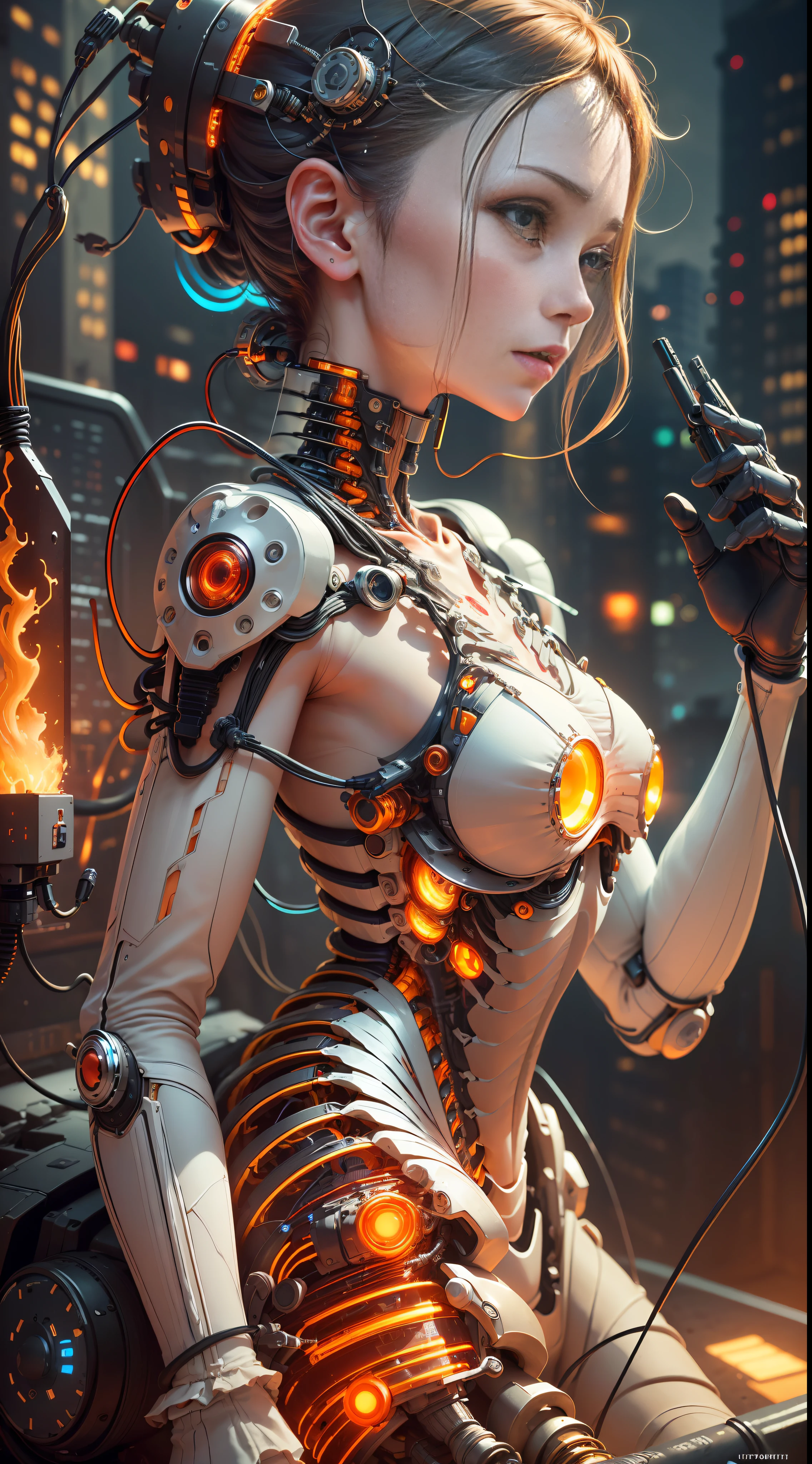 (((masterpiece))), (((best quality))), ((ultra-detailed)), (highly detailed CG illustration), ((an extremely delicate and beautiful)),(from side),cinematic light,((1mechanical girl)),solo,half body,(machine made joints:1.2),((machanical limbs)),(blood vessels connected to tubes),(mechanical vertebra attaching to back),((mechanical cervial attaching to neck)),(sitting),expressionless,(wires and cables attaching to neck:1.2),(wires and cables on head:1.2)(character focus),science fiction,city background, extreme detailed,colorful,highest detailed,(face shadow (extra detailed,best performance)), laser eyes (detailed red))fire in holes of hands)