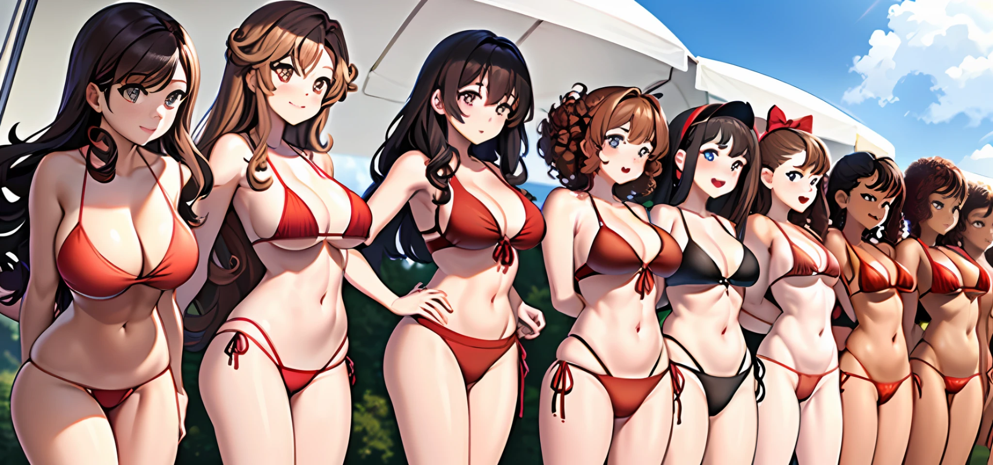 {{{masterpiece}}}, {{{{{official art}}}}}, ((best quality)), many womans, clones, group shot, (((curly brown hair, matching hairstyle, red bikinis, matching bikinis)))