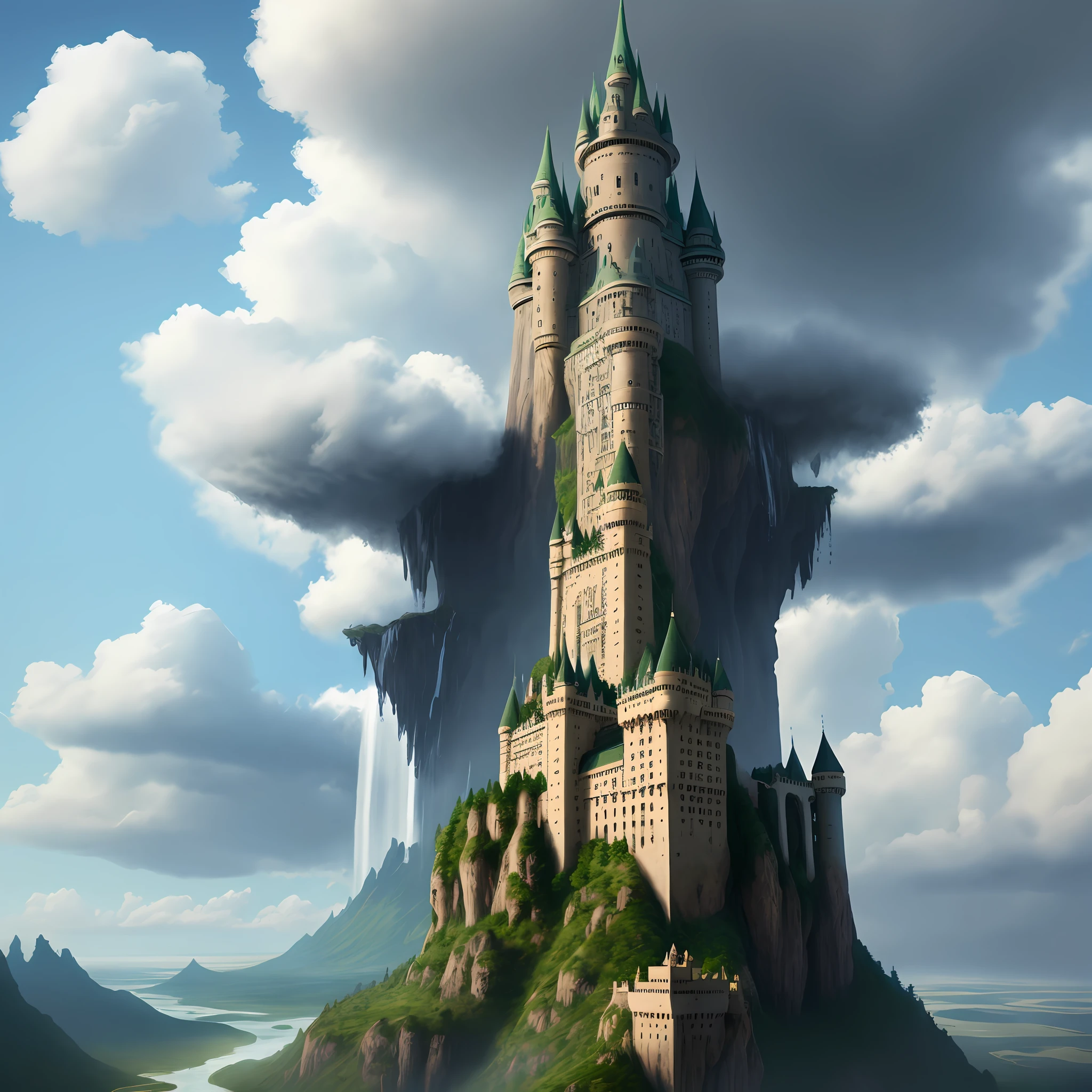 Giant castles in the air Megalomaniac Huge waterfalls Top Quality Ultra High Resolution Sci-Fi Fantasy Masterpiece