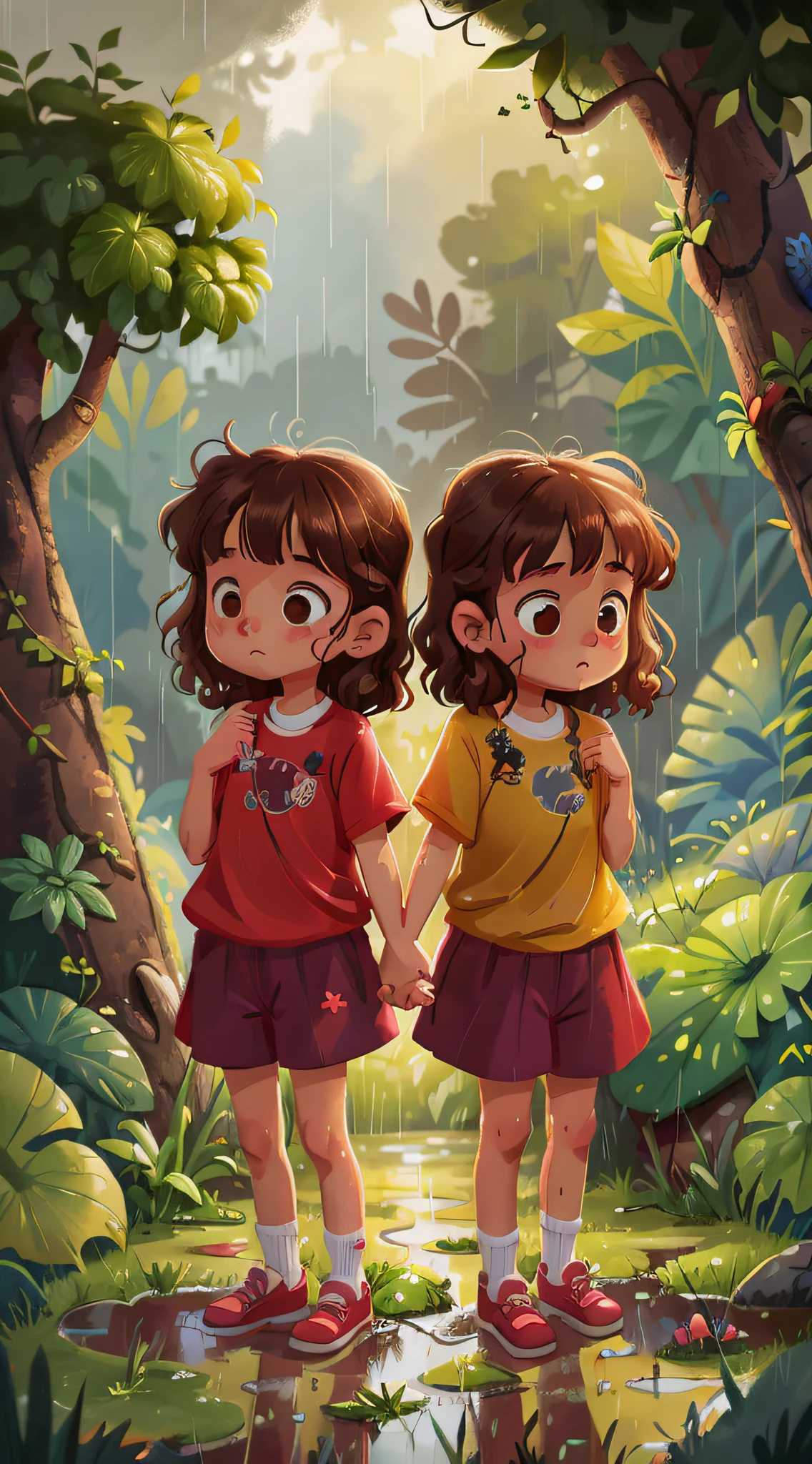 Two twin girls wet in the rain, curly brown hair,