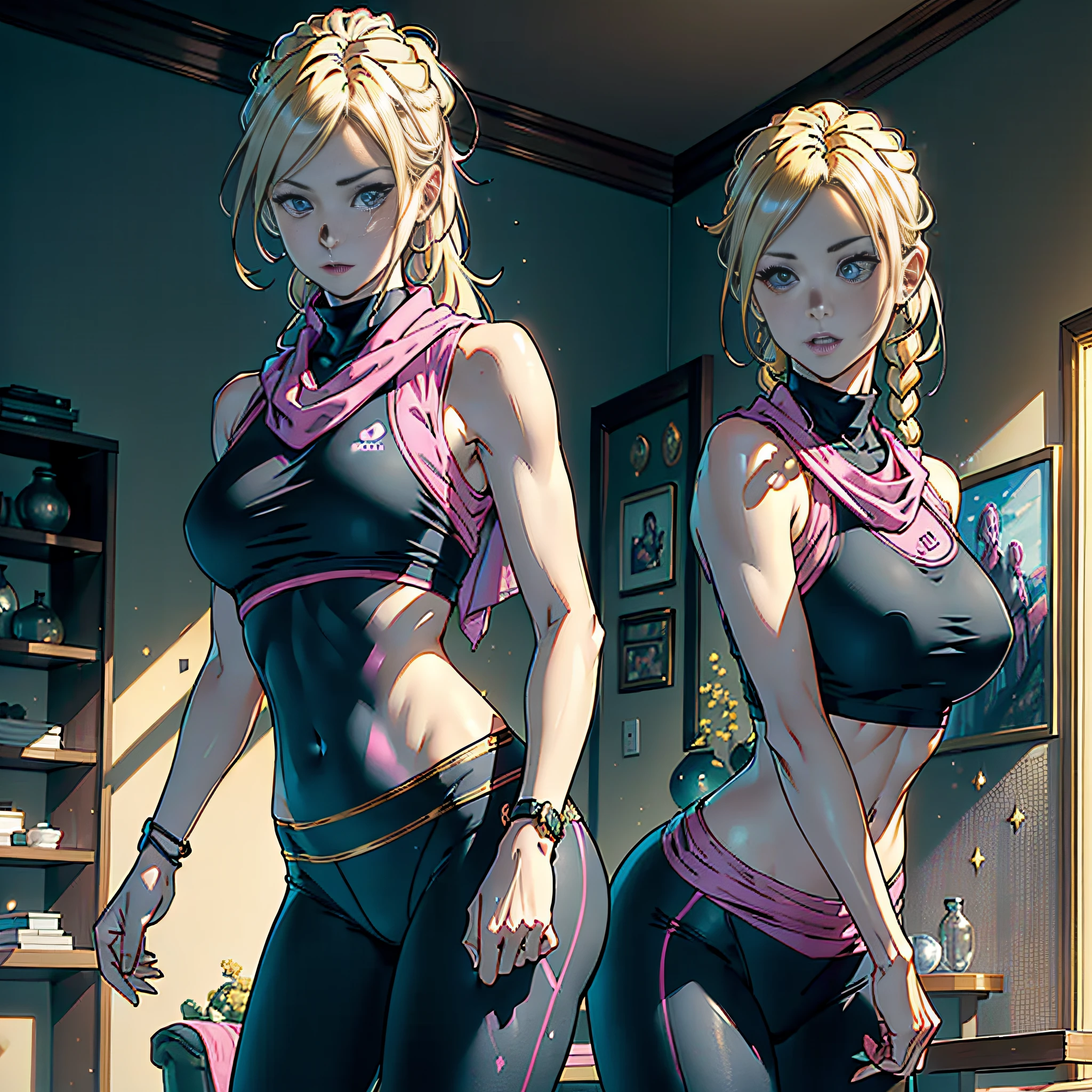 ((Masterpiece)), ((Best Quality)), 8K, HD, Super Detail, (Woman), (Pink Sport Vest) (Black Yoga Pants), (Golden Hair Shawl Scattered), (Expression Excited) (Standing in the Living Room 1.6) (Upper Body Front Display 1.4) The artwork is a masterpiece, with the best quality and super detail, photographic reality, realistic, very detailed illustrations realistic, octane rendering