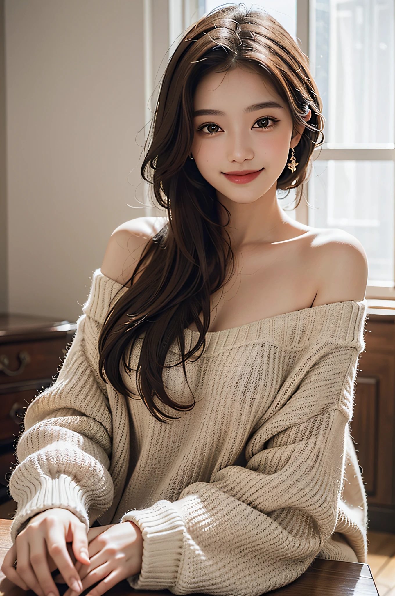 best quality, masterpiece, ultra high res, photorealistic, 1girl, offshoulder, smile, oversized_sweater, soft lighting, detailed skin,brown hair