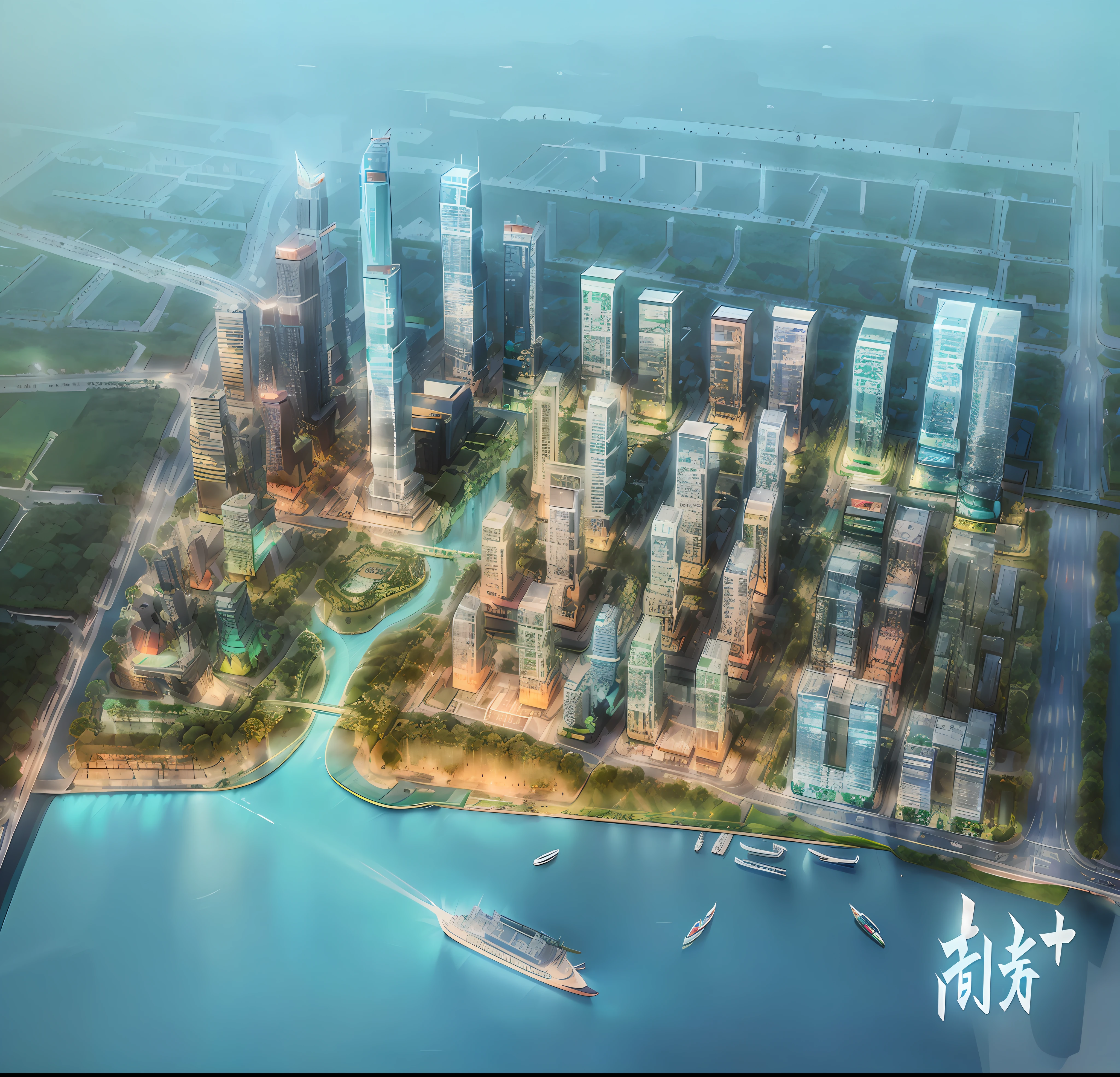 There is a big city with a ship in the middle, Guangzhou, city, mixed development, ultra-fine, ultra-realistic, meticulous, port city, tropical coastal city, super detailed, with high detail, beautiful future city, super detailed, office building, glass curtain wall, there is an island in the city, there are trees on the island, there are tall buildings on the island, greenery, trees, roads surround the city, the city at night, the office building has lights, there are ships on the office building
