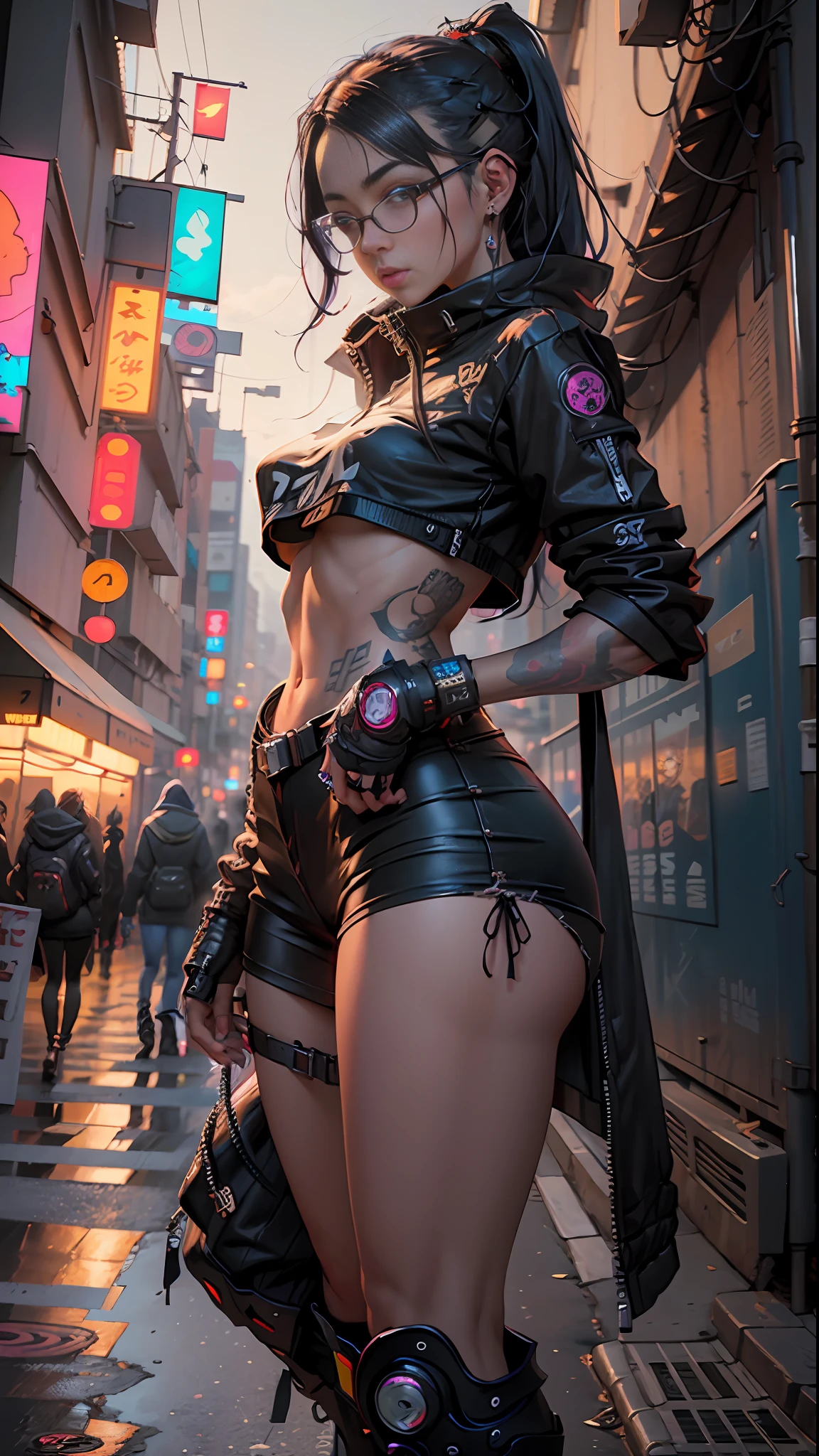 a woman with glasses and tattoos standing in the street, alena aenami and artgerm, cyberpunk anime girl, style artgerm, detailed portrait of anime girl, artwork in the style of guweiz, female cyberpunk anime girl, 🤤 girl portrait, beautiful digital artwork, photorealistic anime girl render, anime girl, extremely detailed artgerm, beautiful anime portrait