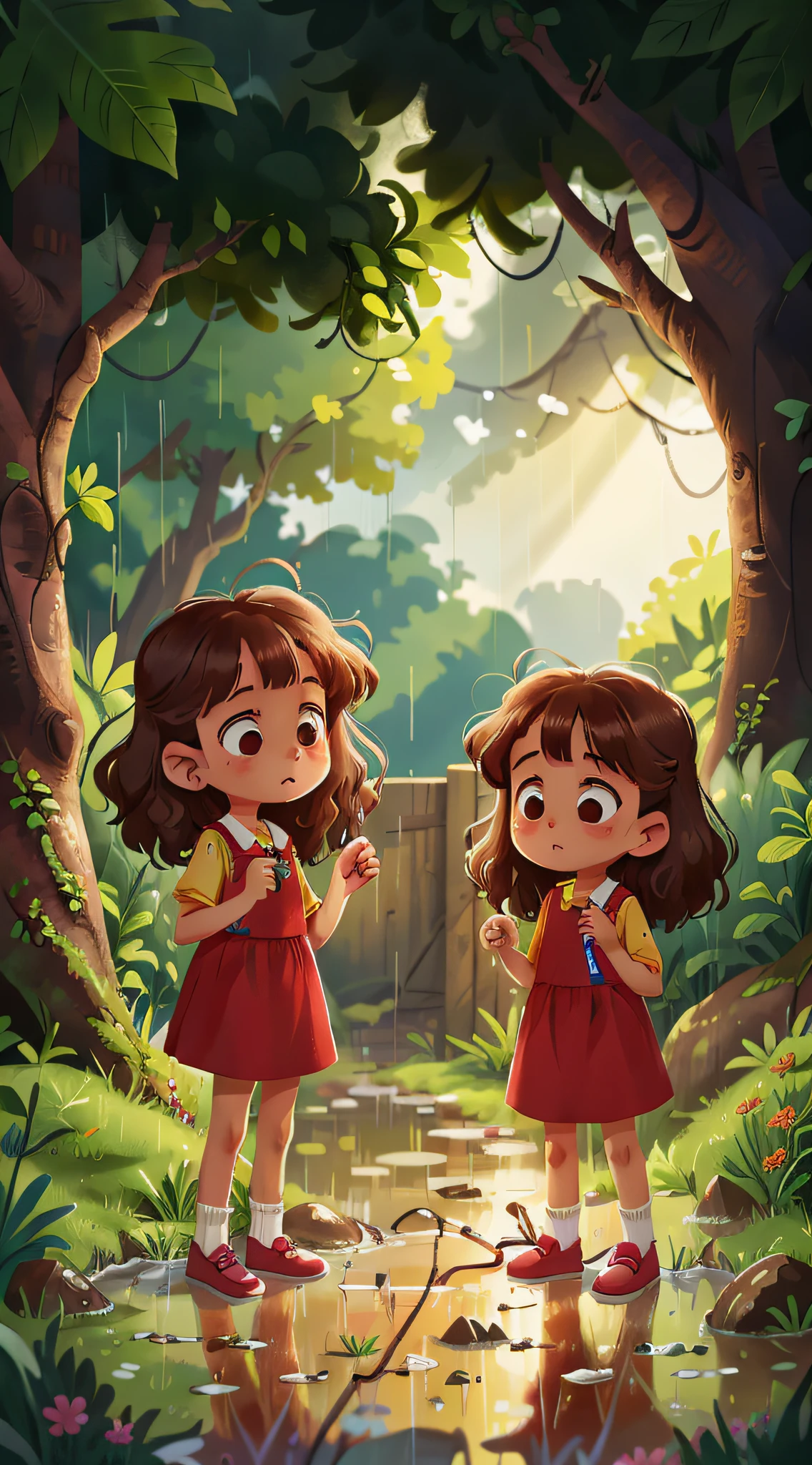 Two twin girls wet in the rain, curly brown hair,