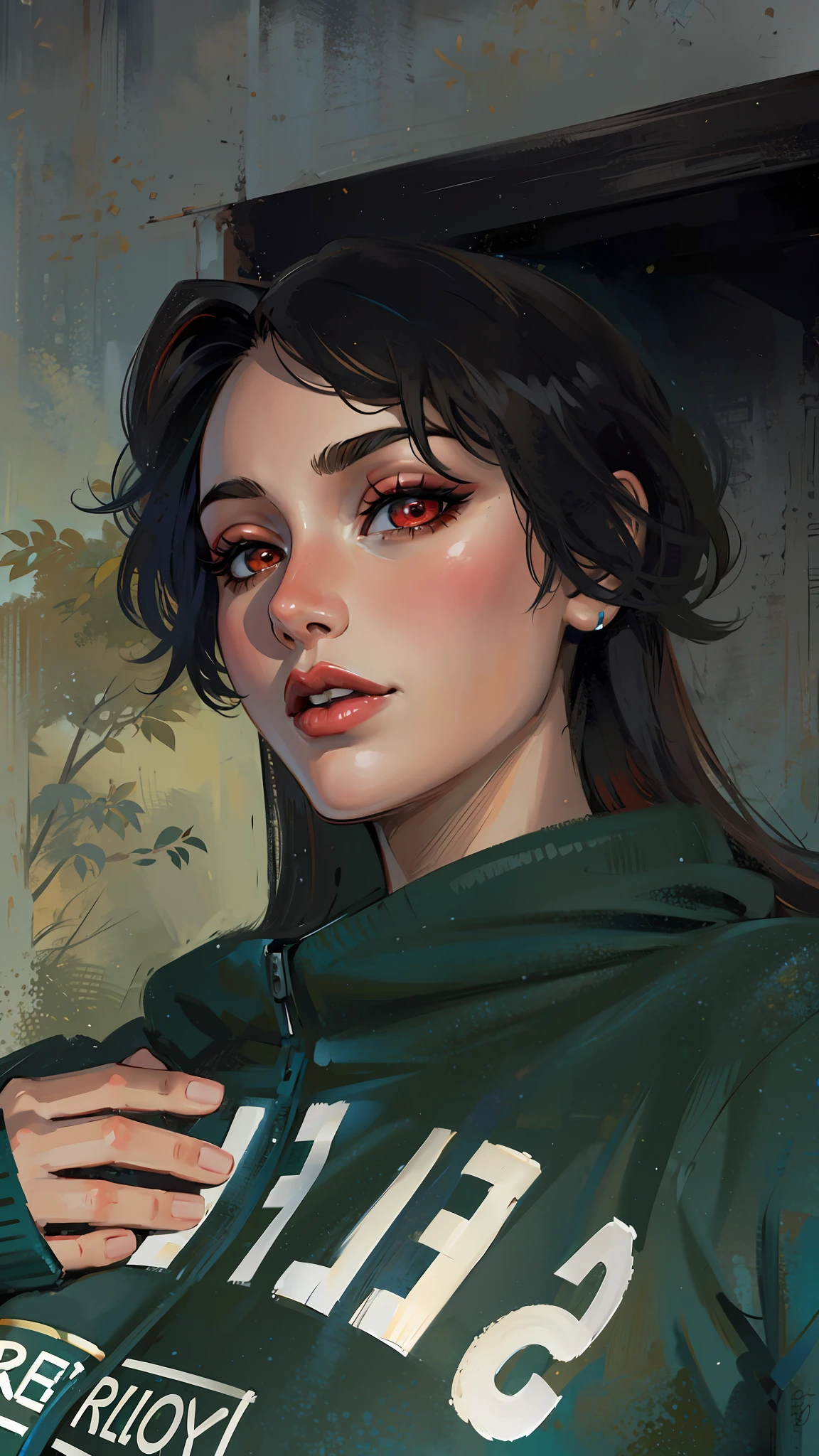 (masterpiece),(best quality:1.0), (ultra highres:1.0), detailed illustration, 8k, anime, 1girl, beautiful anime girl, wearing a red top, pretty face, detailed face, beautiful eyes, detailed eyes, dark red eyes, bright red lips, red lipstick, beautiful stylish hair, highlights in hair, bangs anime style, best quality, vibrant