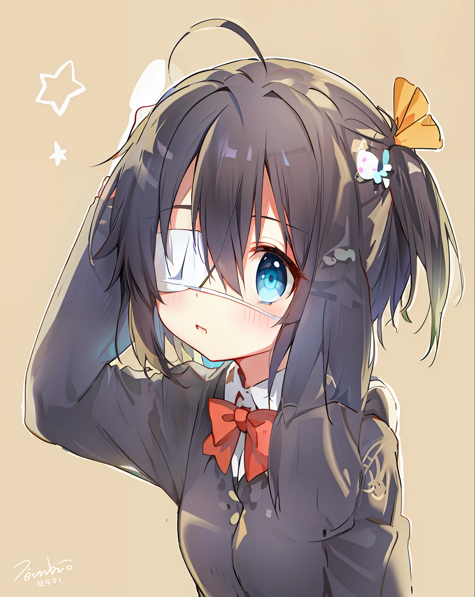 high res, masterpiece,Rikka Takanashi, black hair, solo, 1girl,outside,deatailed background, detailed eyes, ((blue eyes)), eyepatch