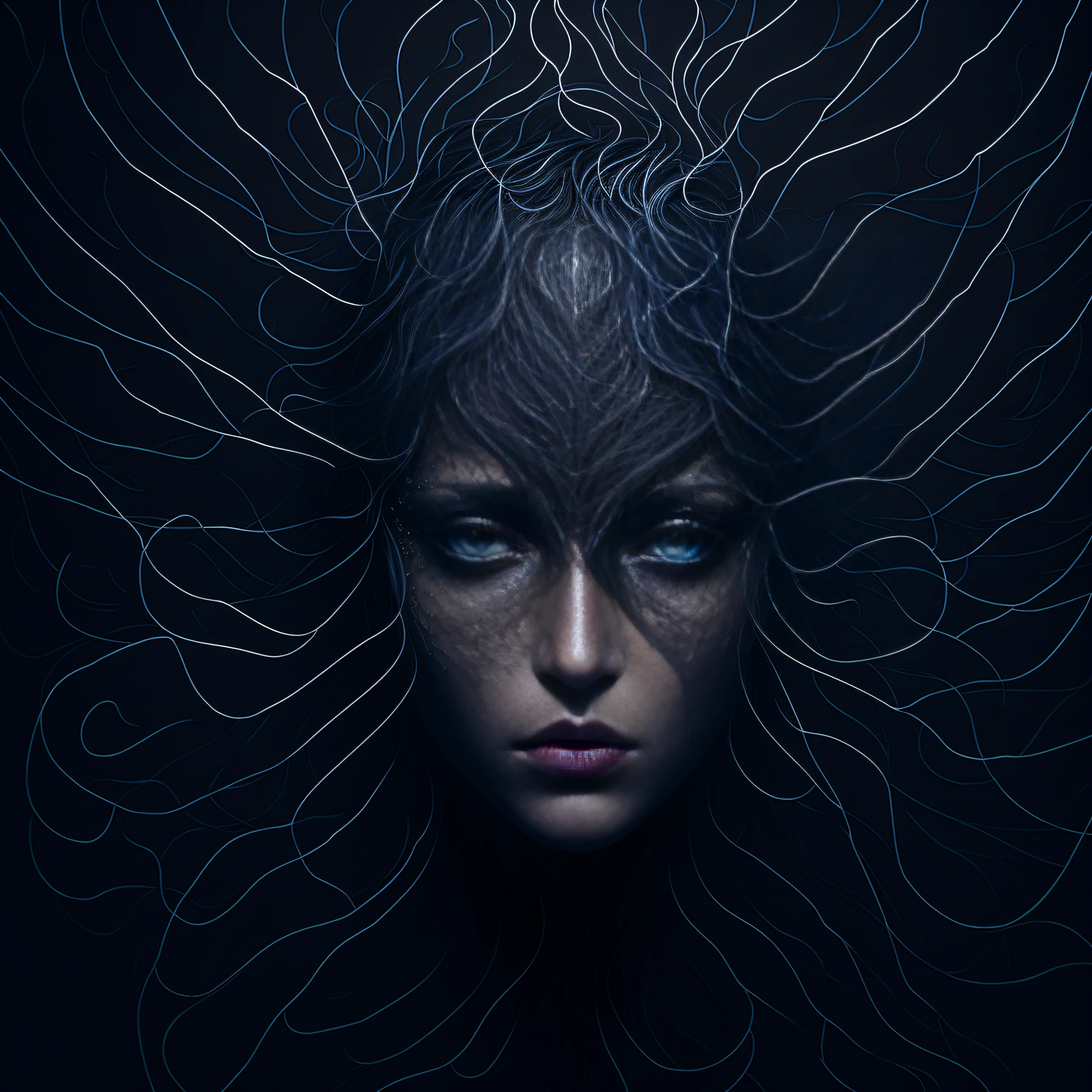 On wings of gossamer an angel arises from the dark, detailed face