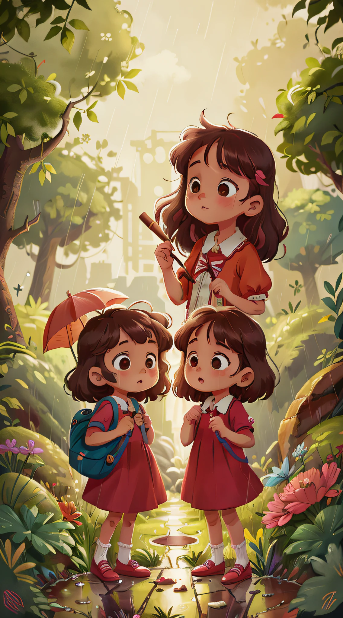 Two twin girls with umbrella in the rain, curly brown hair,