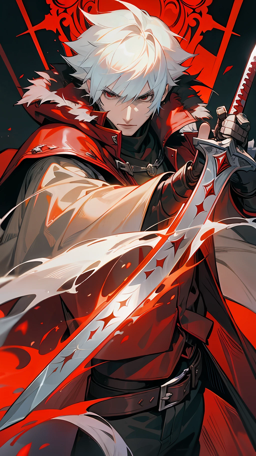 a man in a red coat holding a sword, from final fantasy, dante from devil may cry 2 0 0 1, dante from devil may cry, wearing red fur cloak, he has big knives on his belt, final fantasy tactics character, holds a black sword, kefka ff6, brigandine, from ff7, wearing cultist red robe