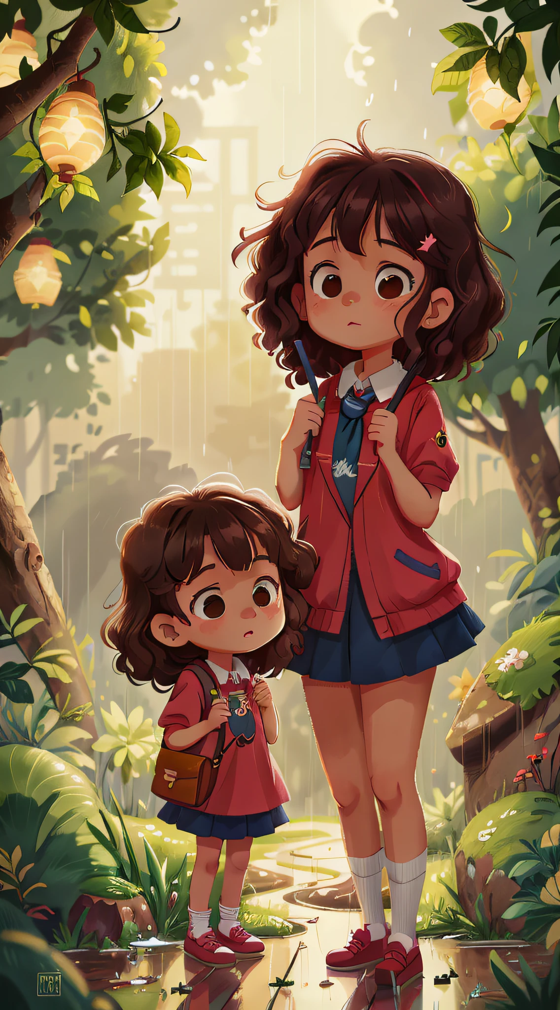 Two twin girls with umbrella in the rain, curly brown hair,