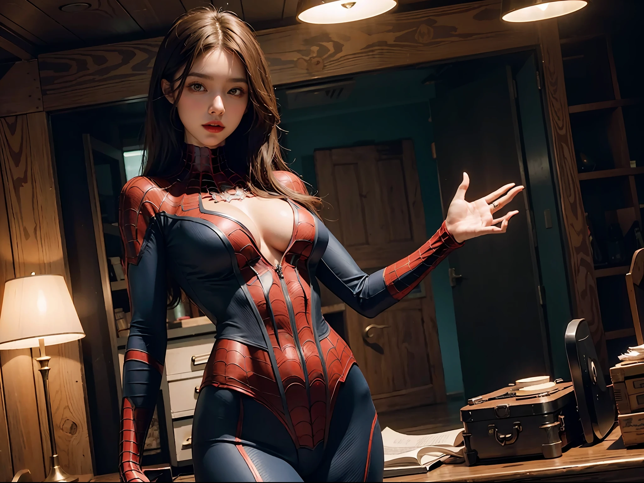 Woman body defined large breasts, costume dress of spider man