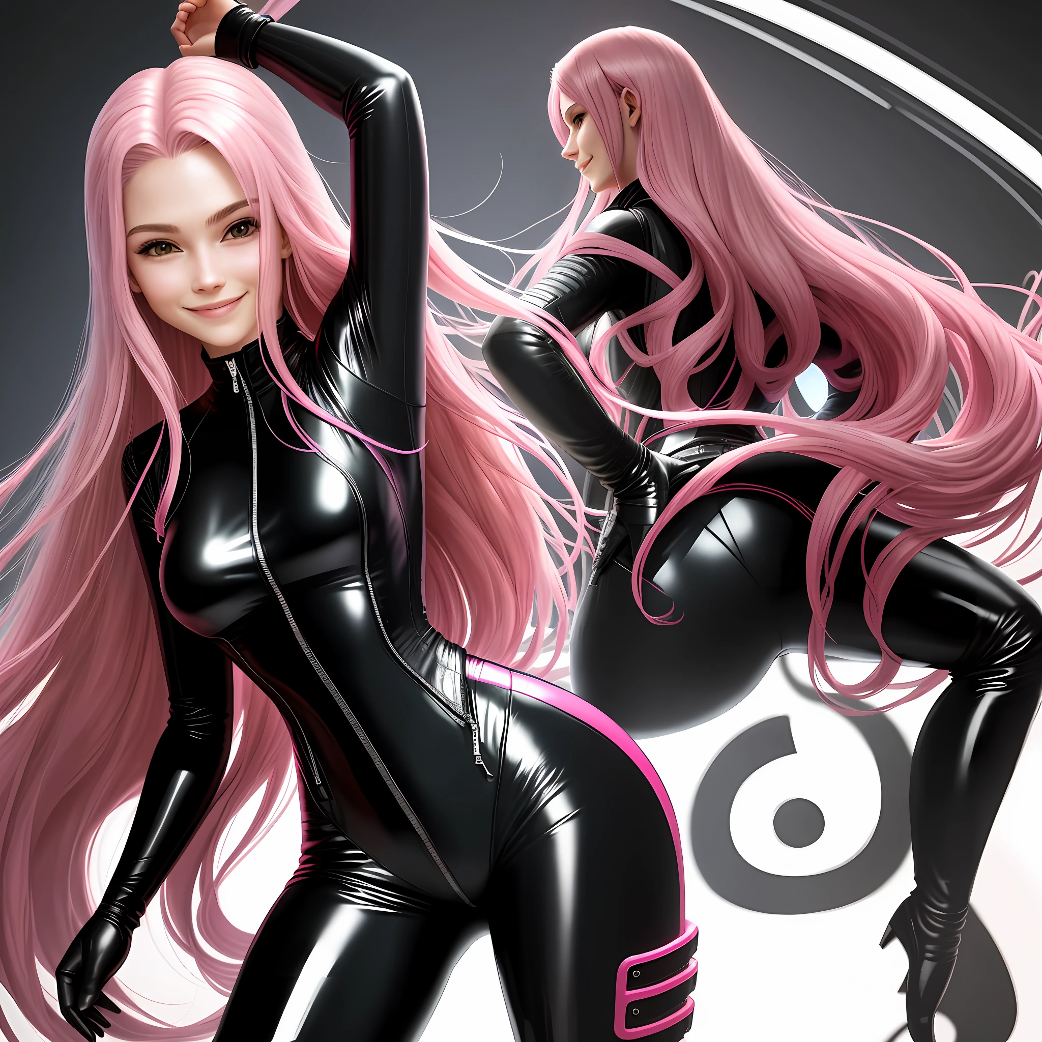 Catsuit Bodysuit Leather Jacket Girl Long Hair Pink Hair Best Quality Super High Definition Masterpiece Smile