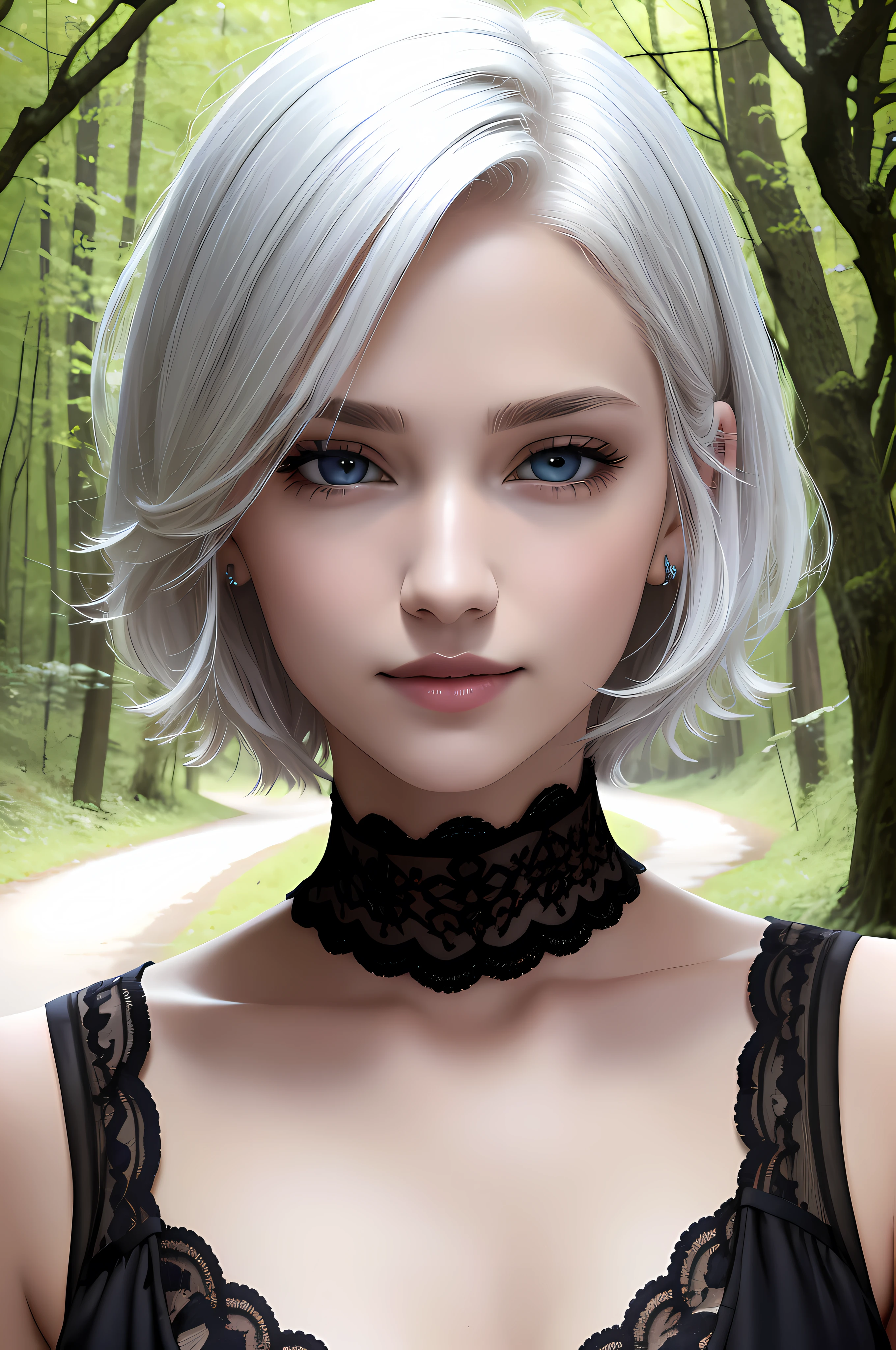 (RAW Photo: 1.2), (Photorealistic: 1.4), (Masterpiece: 1.3), (Best Quality: 1.4), Ultra High Resolution, (Detailed Eye Features), (Detailed Facial Features), (Detailed Clothing Features), HDR, 8k Resolution, Solo Focus, Bangs, Skin Tight, (Glossy Skin), (Slender Beautiful Girl), Check Commentary, Commentary Request, Landscape, no letters, bob hair, short hair, white hair, blue eyes, one girl, full body, angel wings, in the forest, happiness, smile