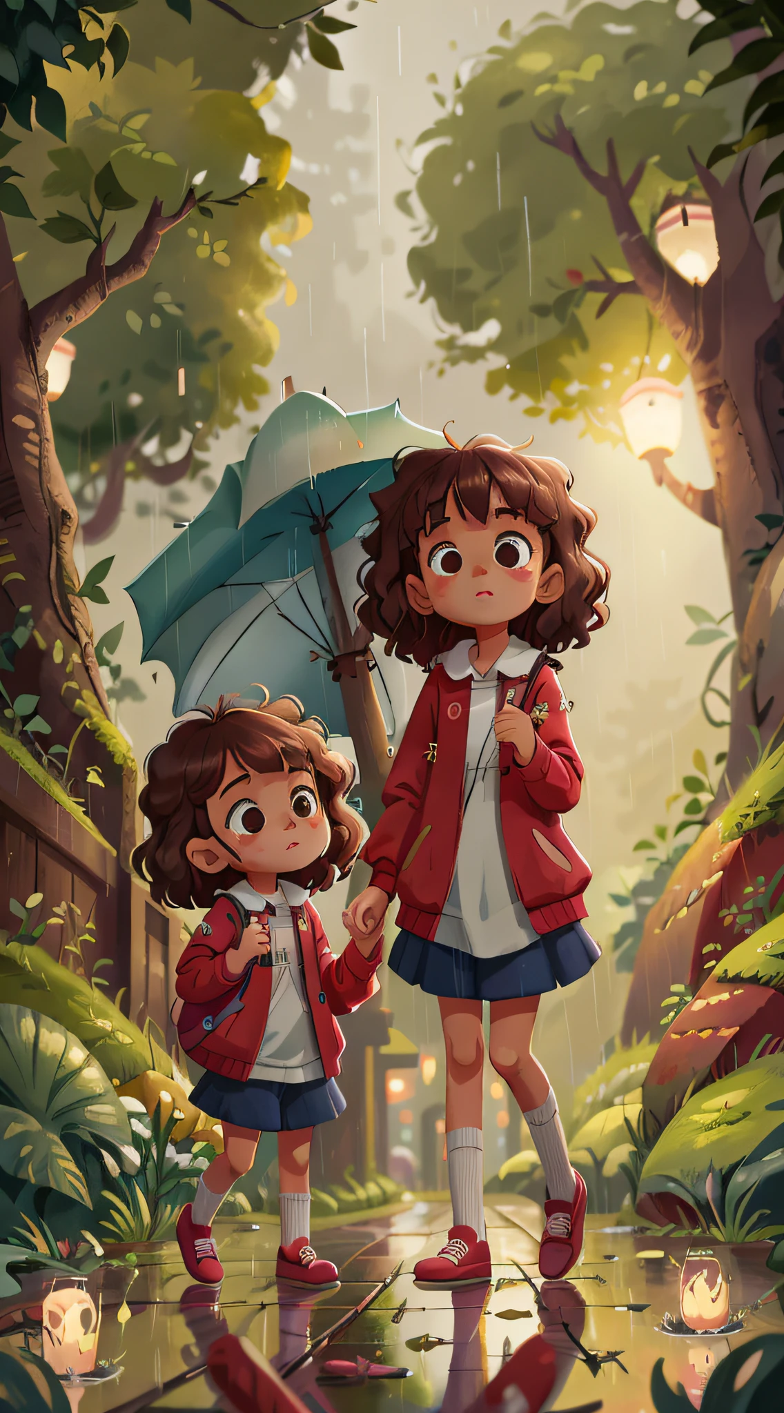 Two twin girls with umbrellas in the rain, curly brown hair.