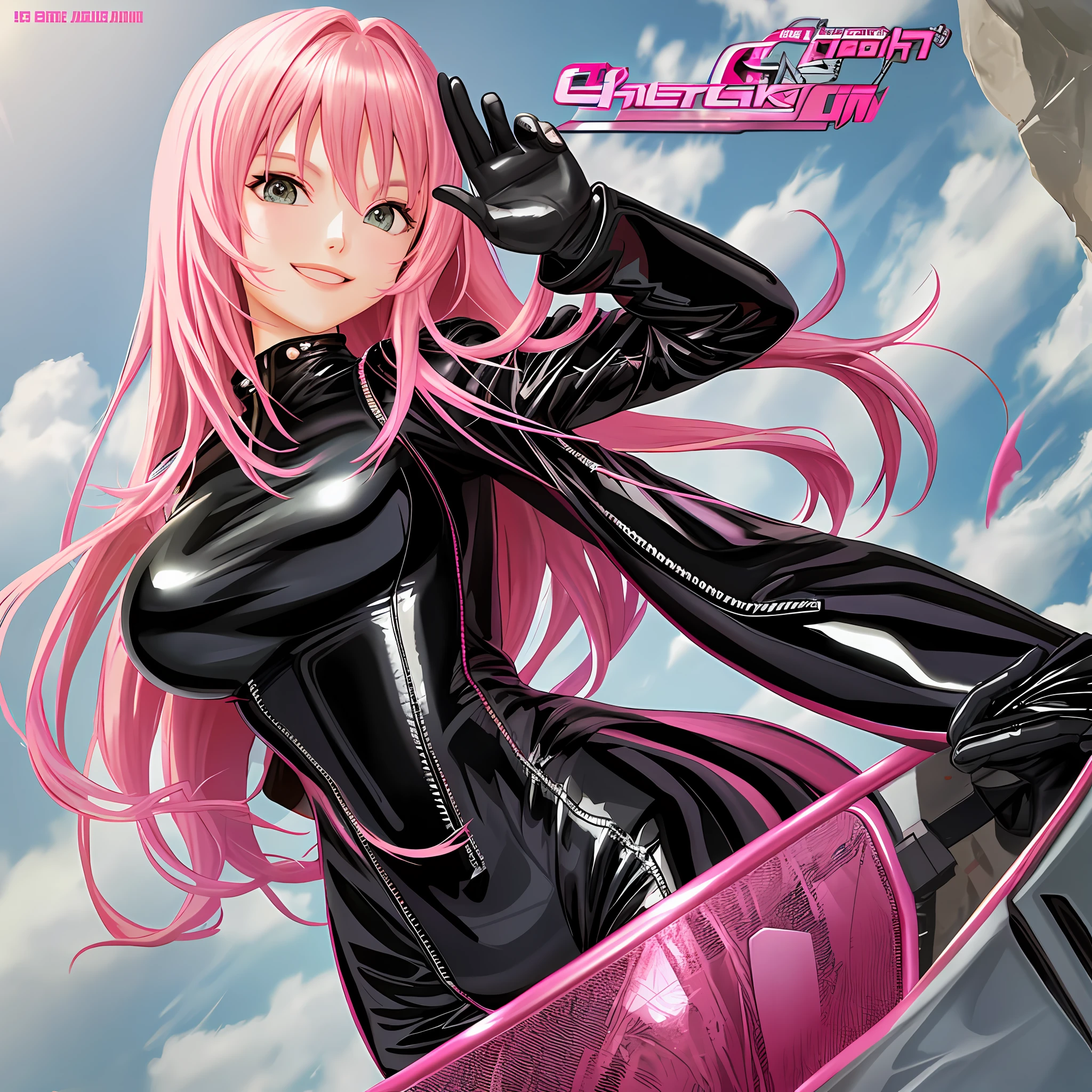 Catsuit Bodysuit Leather Jacket Girl Long Hair Pink Hair Best Quality Super High Definition Masterpiece Smile