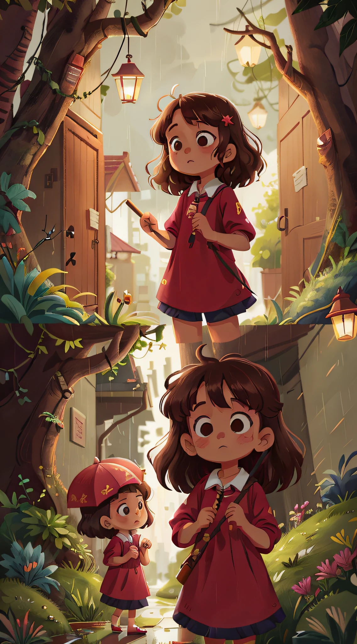Two twin girls with umbrellas in the rain, curly brown hair.