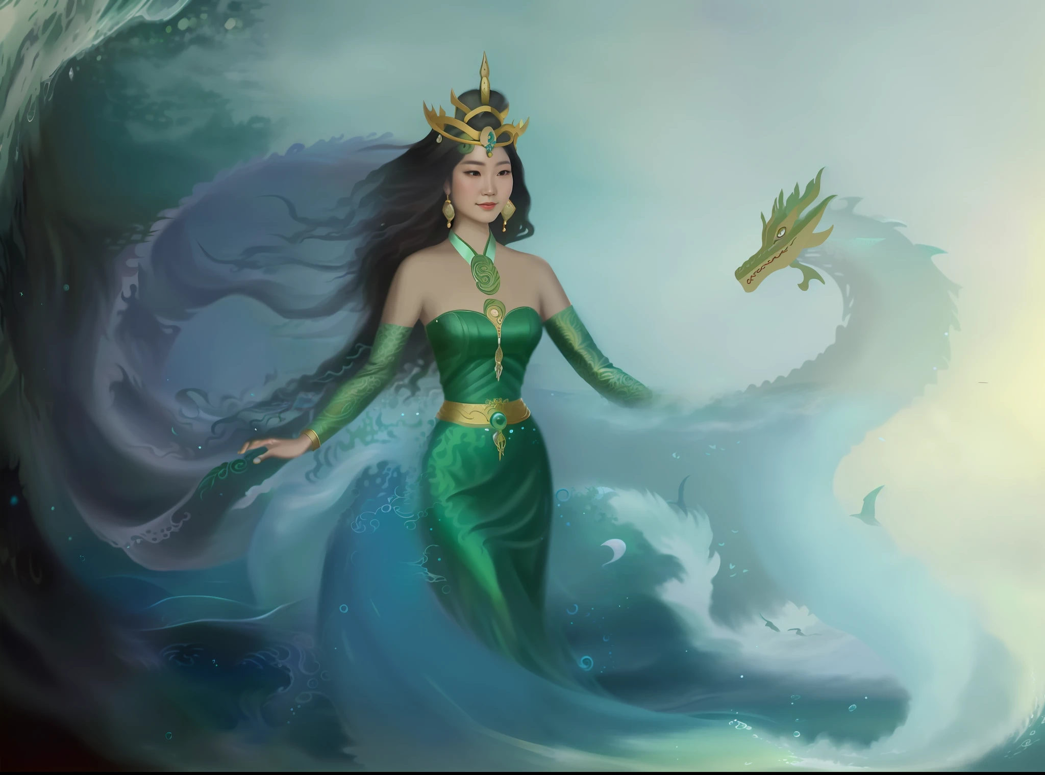 painting of a woman in a green dress with a dragon in the background, goddess of the ocean, goddess of the sea, queen of the sea mu yanling, javanese mythology, earth goddess mythology, asian female water elemental, persian queen, vintage fantasy art, 1960s orientalism, frank kelly freas, sea queen, mami wata