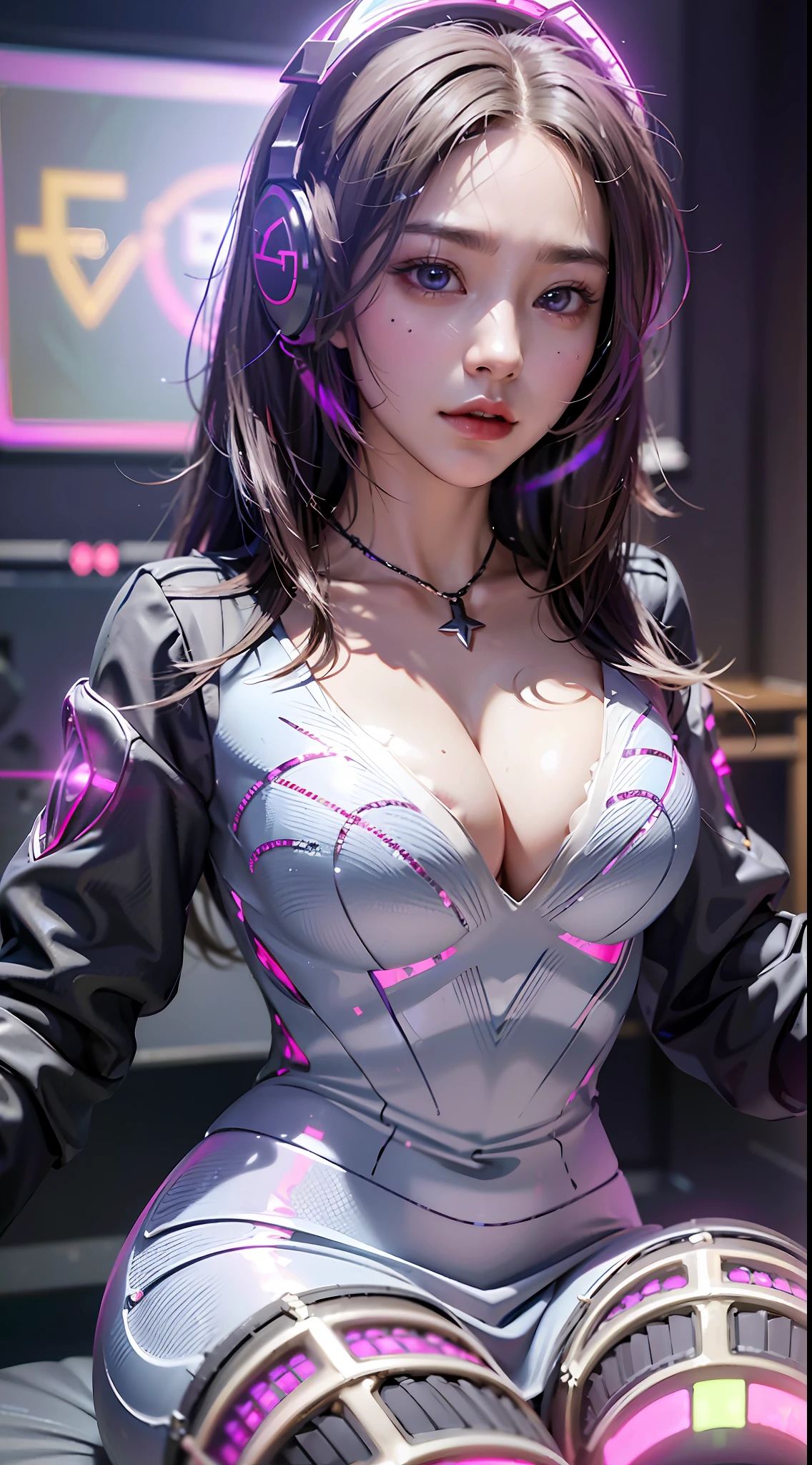((((7分身镜头)))),cowboy_shot,masterpiece, best quality,ultra-detailed, extremely detailed 16k CG wallpaper,beautiful face,(a esport mature demon in esport room),(perfect beautiful curvy figure),sitting,iridescent gem eyes,crescentic pupils, wearing resin holographic open coat,crop top overhang,mini Pleated skirt,Bell collar,logo,Iong hair,Contour light, concert, neon lights, audio, Bell collar,esports headphones,computer, esports room, playing games, white inside through the red skin,Holographic projection,planisphere,graffiti signs,highly detailed tattoo_,gothic,cyberpunk,fantasy,Science fiction,From the movie Matrix,Sparkling light flowing string,anti-magic three-dimensional protective shield,iridescetnt,stunning,chic,gorgeous,attractive,amazing,((((7分身镜头)))),cowboy_shot
创作信息