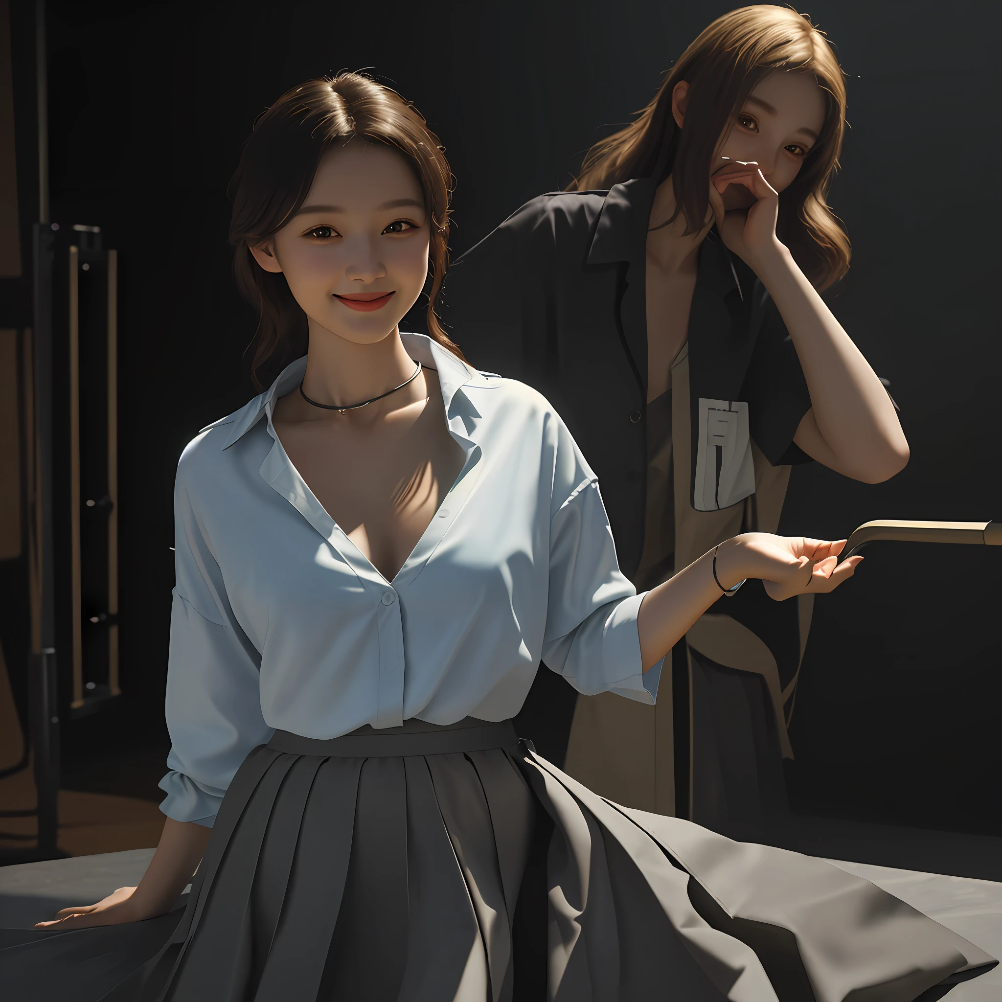 Best Quality, Masterpiece, (Photorealism:1.4), 1girl, light smile, open shirt with collar, waist up, dramatic lighting, bottom, studio lighting, skirt, girl lifts skirt