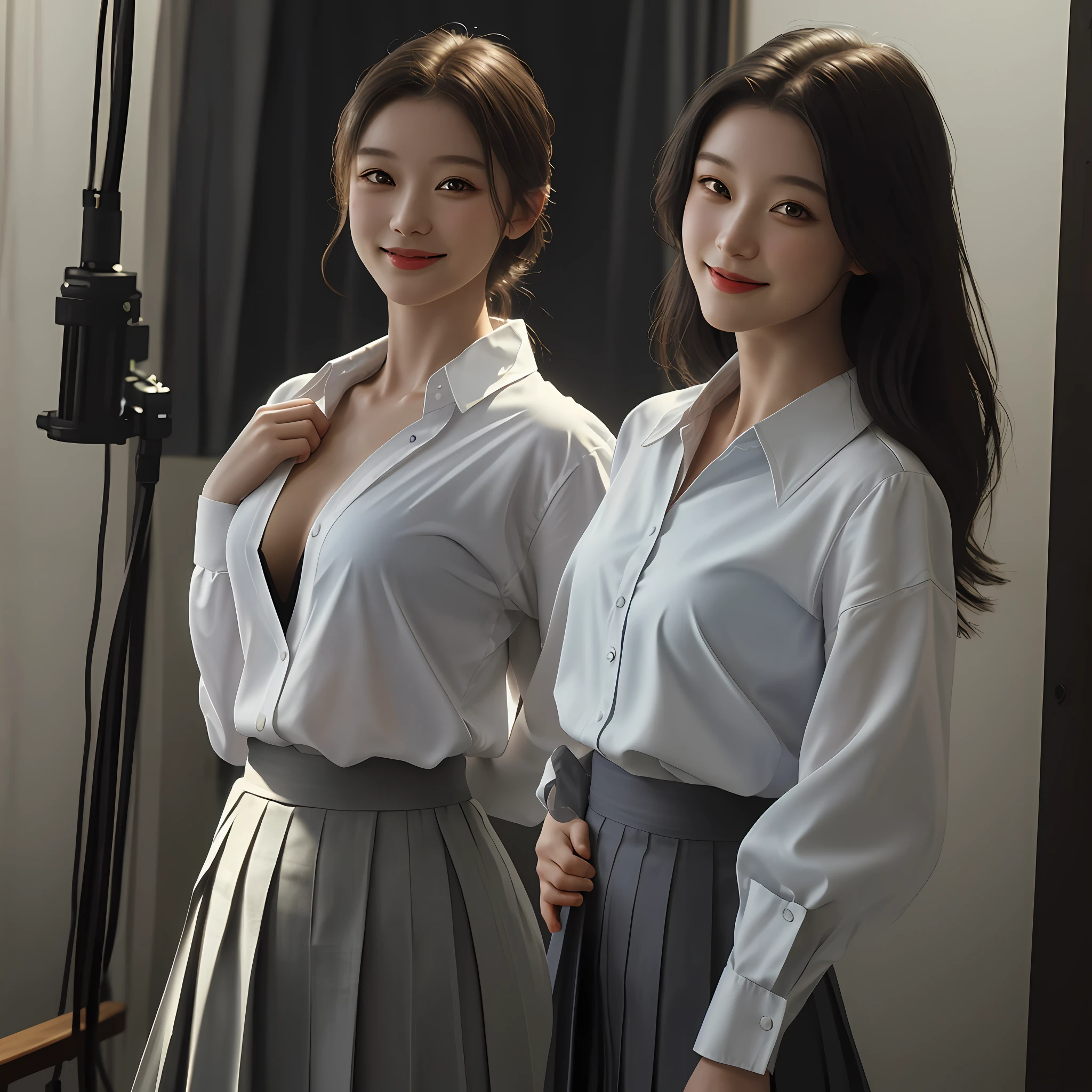 Best Quality, Masterpiece, (Photorealism:1.4), 1girl, light smile, open shirt with collar, waist up, dramatic lighting, bottom, studio lighting, skirt, girl lifts skirt
