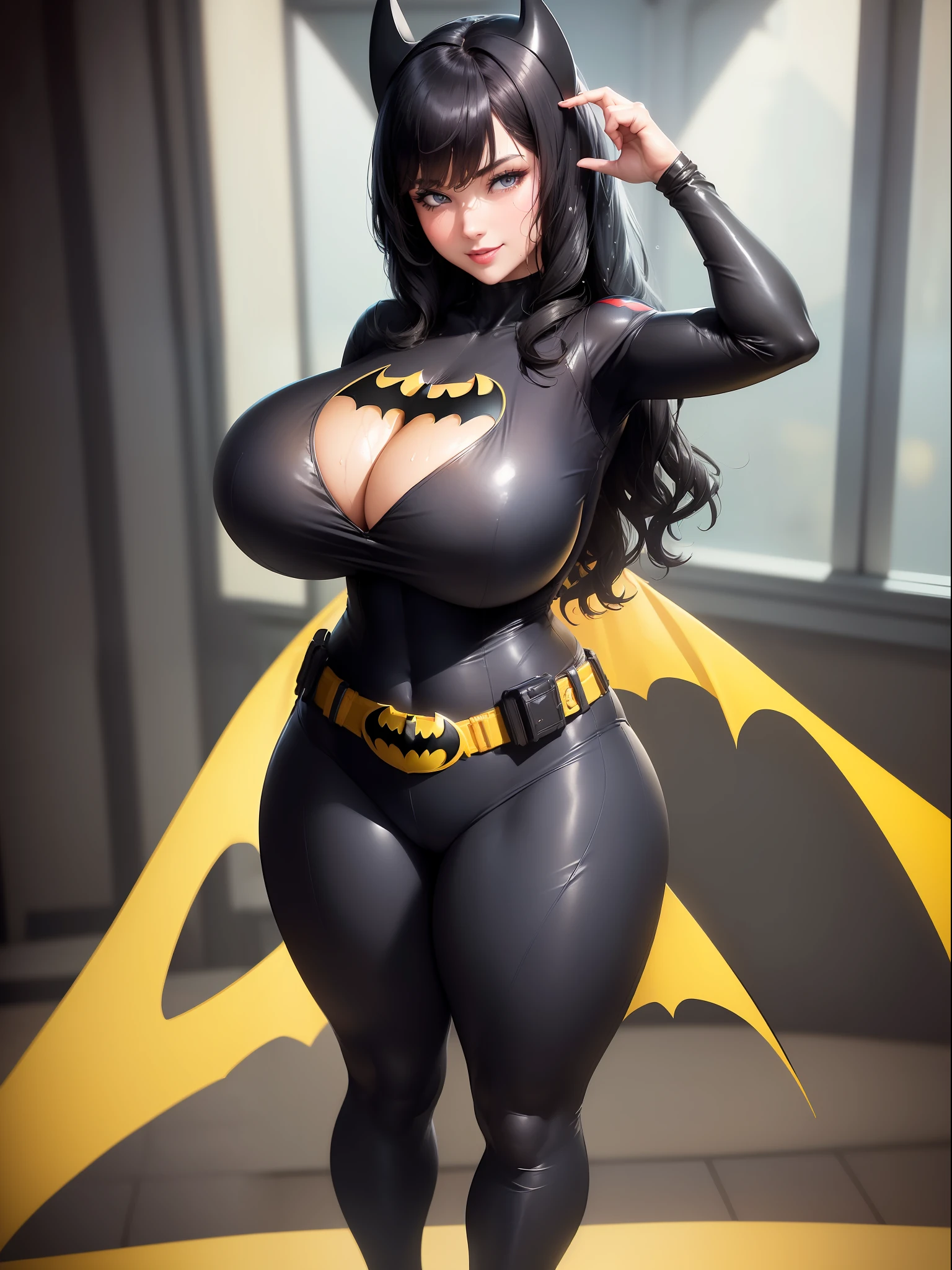 (Full body image:1.4), (Laurana/Woman:1.5), (Big breasts:2), (Wearing batman costume,Spider-Man/with yellow belt:1.5), (looking at the viewer/smiling:1.3), (She's inside the BatCave in front of the BatMobile:1.5), (She has short black hair:1.3), (light blue eyes:1.3), (her costume is an extremely tight body:1.4), (doing sexy poses while standing: 1.2), (body/hair/extremely wet: 1.4), (award-winning, UHD, anime, high detail, 16k, high quality, masterpiece)