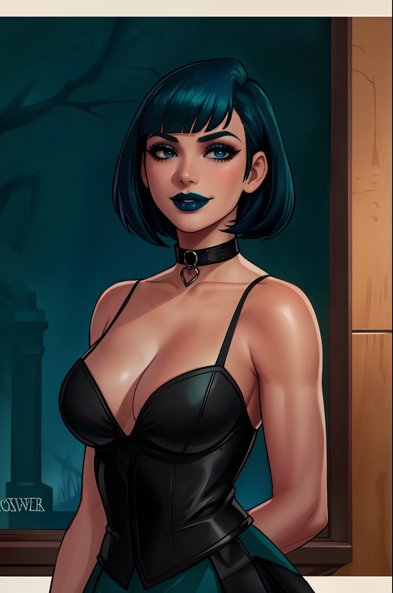 Gwen (full drama), masterpiece, best quality, 1girl, solo, blue lips, looking at the viewer, breasts, short hair, makeup, black eyes, collar, upper body, big breasts, hands behind the back, choker, smile, bangs, blue hair, collarbones, lipstick, black lips, dress, black choker, cleavage, black collar, green hair, erotica