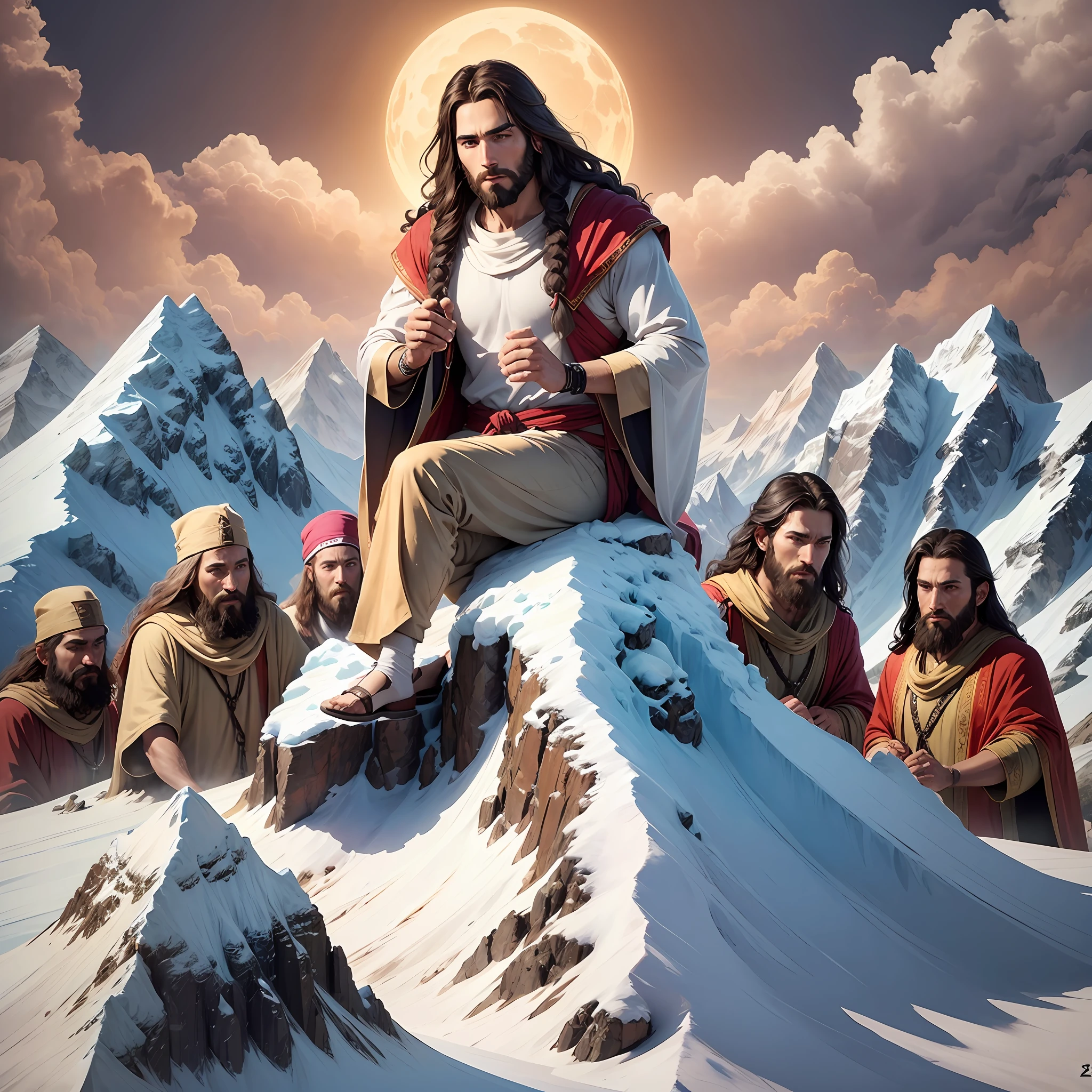 Me of an image of Jesus Christ on Mount Everest giving advice to his 12 disciples --auto --s2