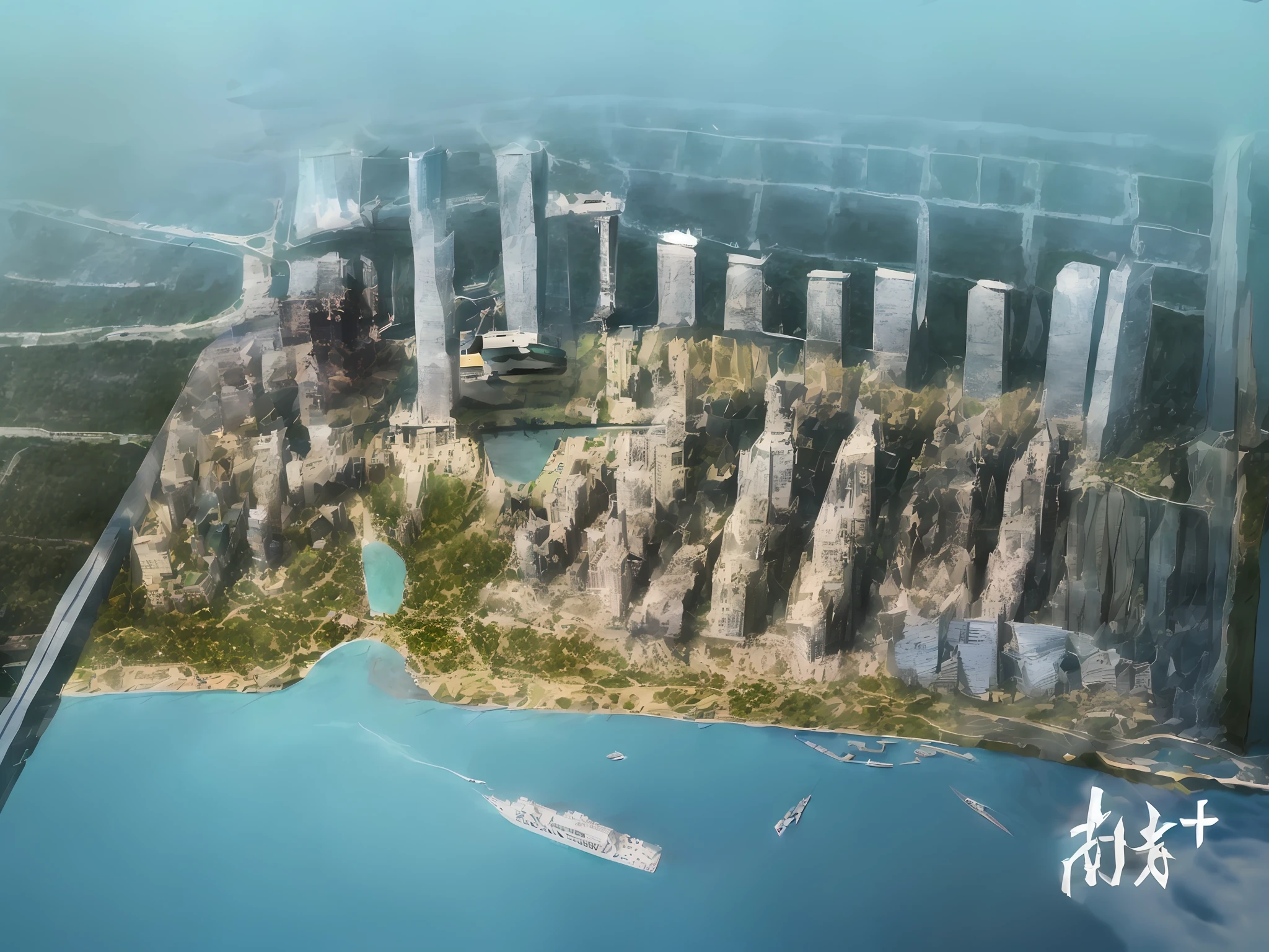 There is a big city with a ship in the middle, Guangzhou, city, mixed development, ultra-fine, ultra-realistic, meticulous, port city, tropical coastal city, super detailed, with high detail, beautiful future city, super detailed, office building, glass curtain wall, there is an island in the city, there are trees on the island, there are tall buildings on the island, greenery, trees, roads surround the city, the city at night, the office building has lights, there are ships on the office building