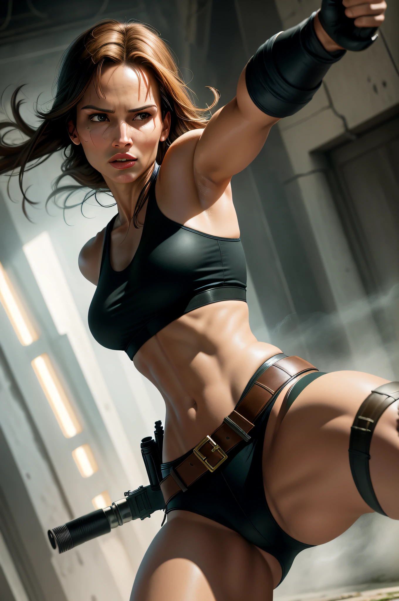 solo, masterpiece, best quality, medium shot by Lara Croft Angelina Julie, wonder, fighting stance, dynamic angle