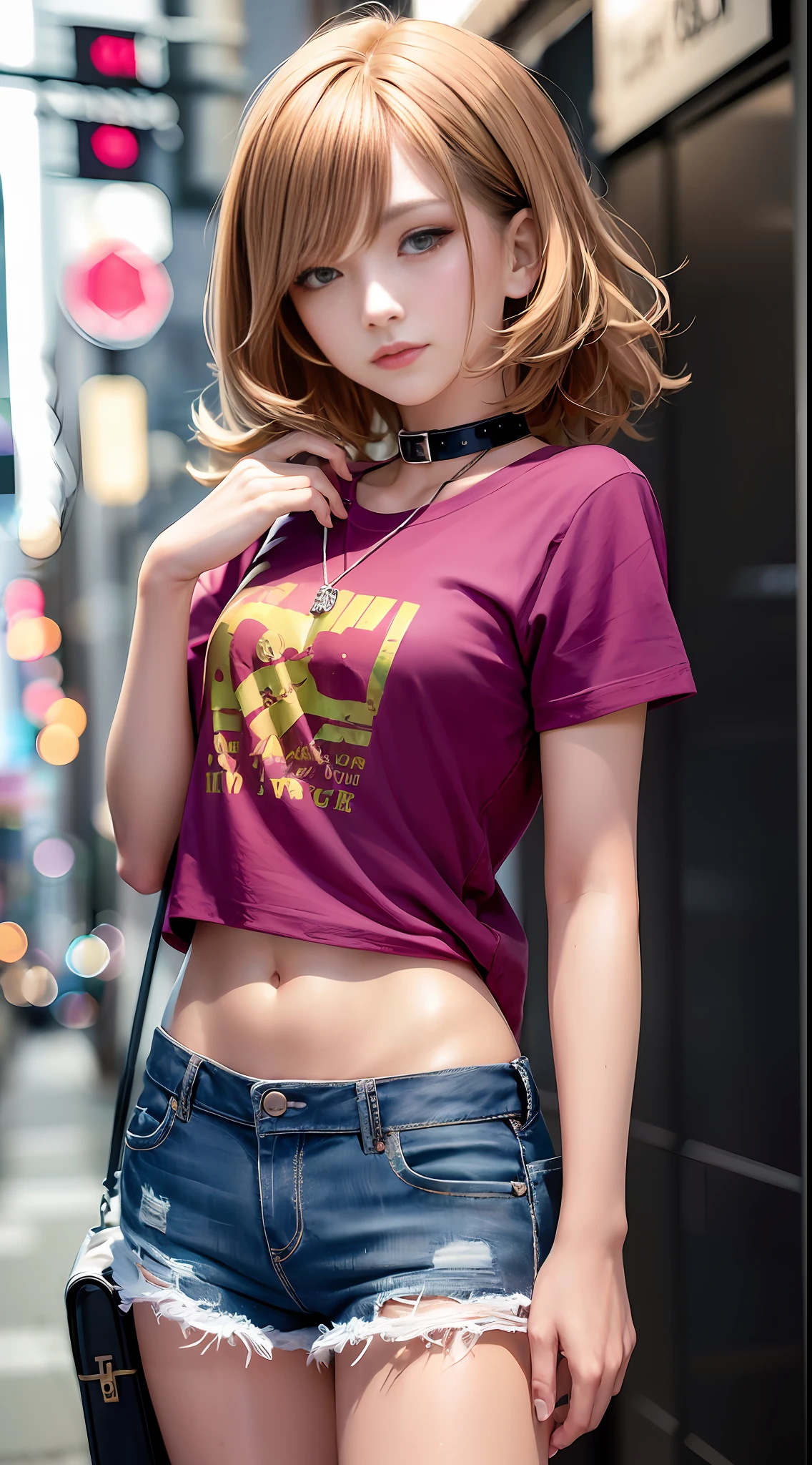 ((medium chest, tomboy, small head)), daylight, sunlight, (perfect body: 1.1), (short wavy hair: 1.2), russet hair, collar, chain, full body photo, crowded streets, wearing pink t-shirt, jeans, (extremely detailed CG 8k wallpaper), (extremely delicate and beautiful), (masterpiece), (best quality: 1.0), (super high resolution: 1.0), beautiful lighting, perfect lightning, realistic shadows, [high resolution], detailed skin, super detailed