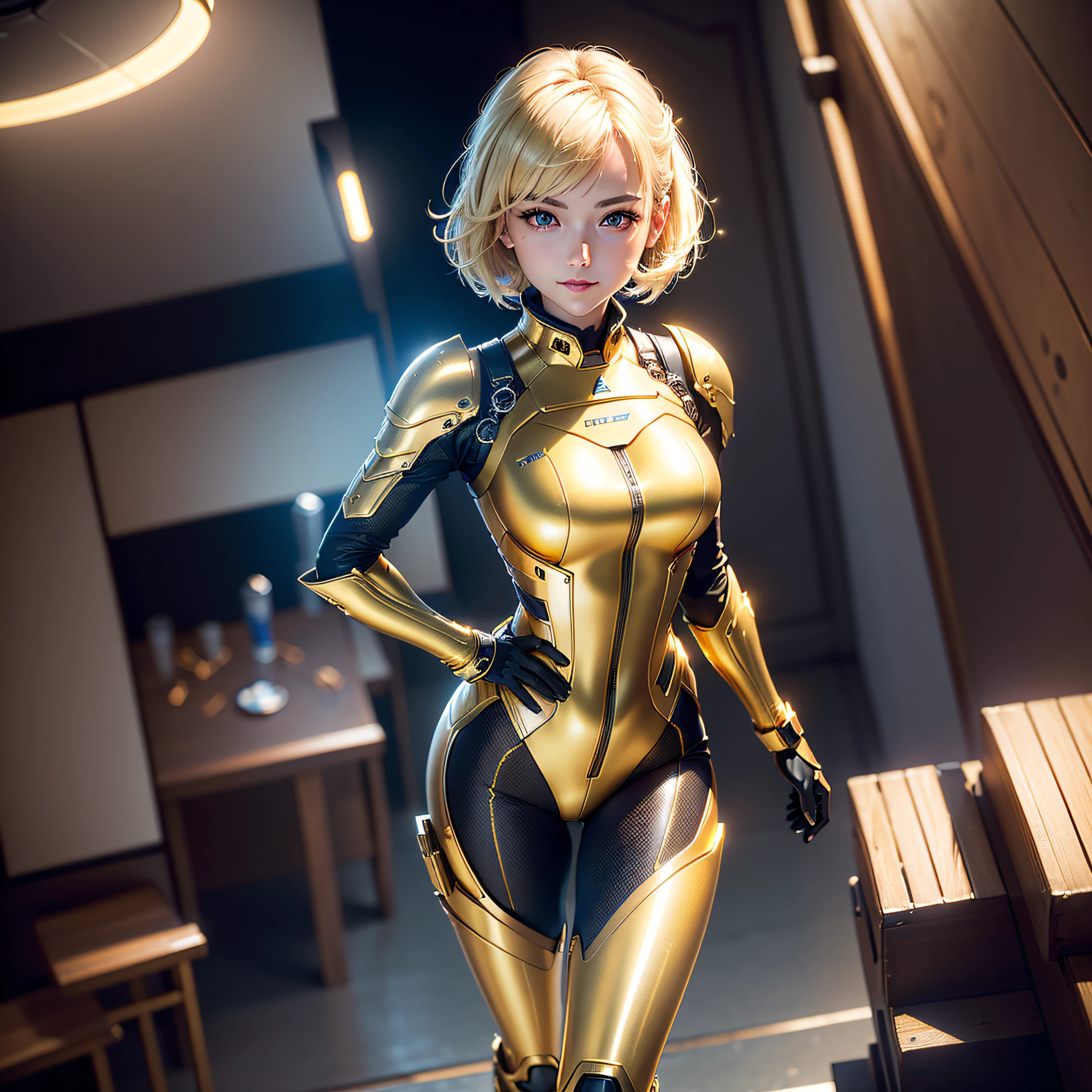 (Masterpiece, highest quality, highest resolution, distinct_image, very elaborate CG, cinematic lighting, ray tracing, drop shadows, detailed detail, (photorealistic: 1.4), high quality textures, fine-grained, realistic face expression): (single girl, face is Japan, blonde girl, short hair, small size breasts, Detailed Gundam cockpit with sparkly blue colored eyes, eye level shots, metallic gold colored flight suits, tight fitting clothes, full-body covering clothes, light smile, beauty, slim body, exoskeleton, heroine, headset, long boots, gloves, solo ride)