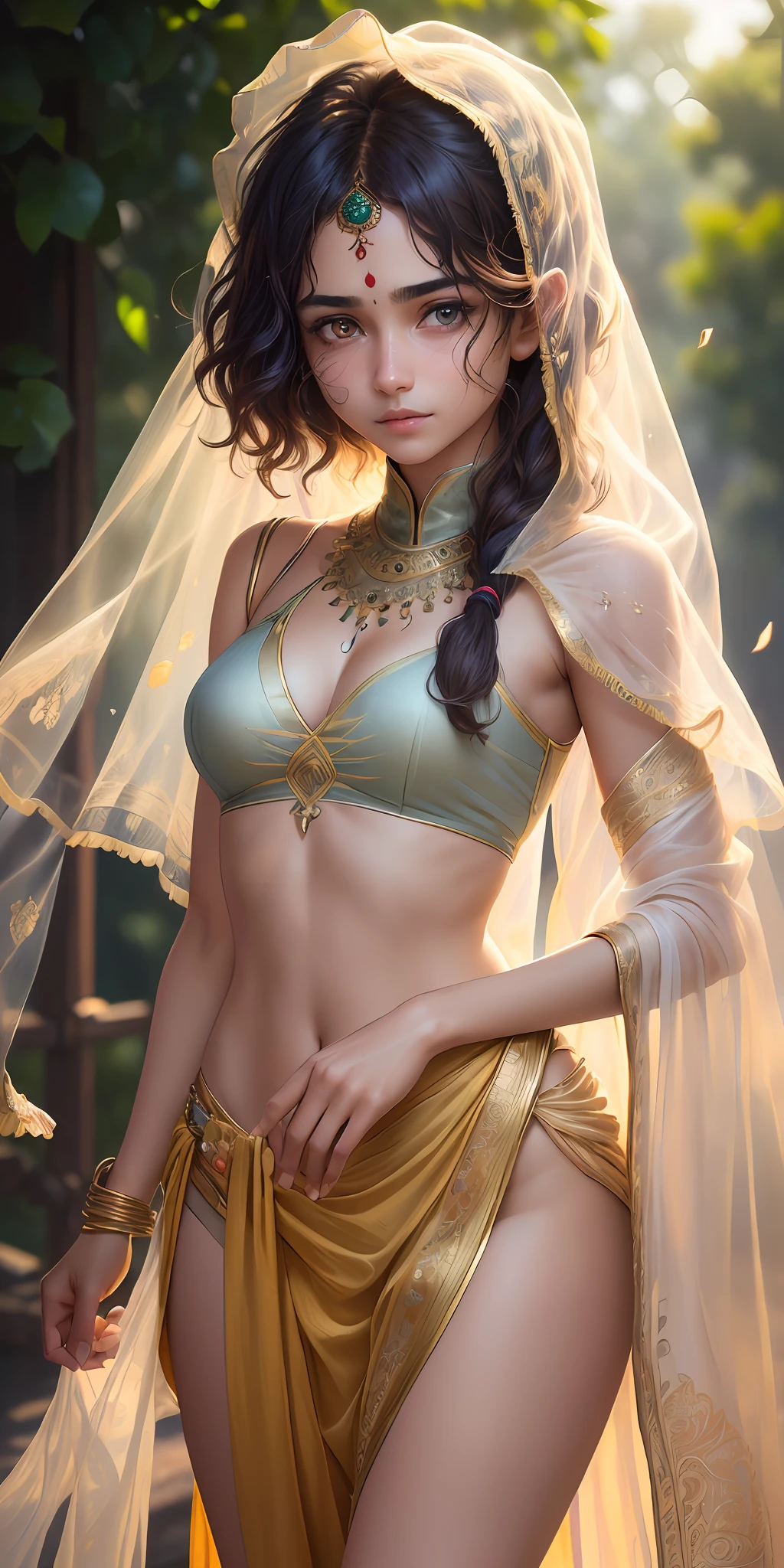 ((Portrait)), (extremely detailed CG Unity 8k wallpaper: 1.5), <(masterpiece: 1.5), (best quality: 1.7), high-resolution illustration, (finely detailed eyes and detailed face: 1.3), (detail: 1.3, best quality, (ultra-detailed), (extremely thin and beautiful), (masterpiece: 1.5), cinematic light, dynamic angle, floating, sharp focus, (2D: 1.7), (best quality: 1.3), ((disheveled hair: 1.2), (beautiful detailed eyes: 1.1),  (cinematic light: 1.1), Indian teenage girl dressed in Indian sari, transparent veil