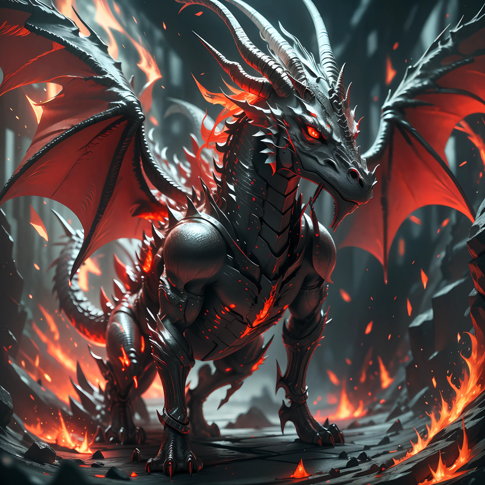 Dragon walking on lava, black eyes, ultra detailed, portrait, cinematic focus, 8k quality --auto --s2