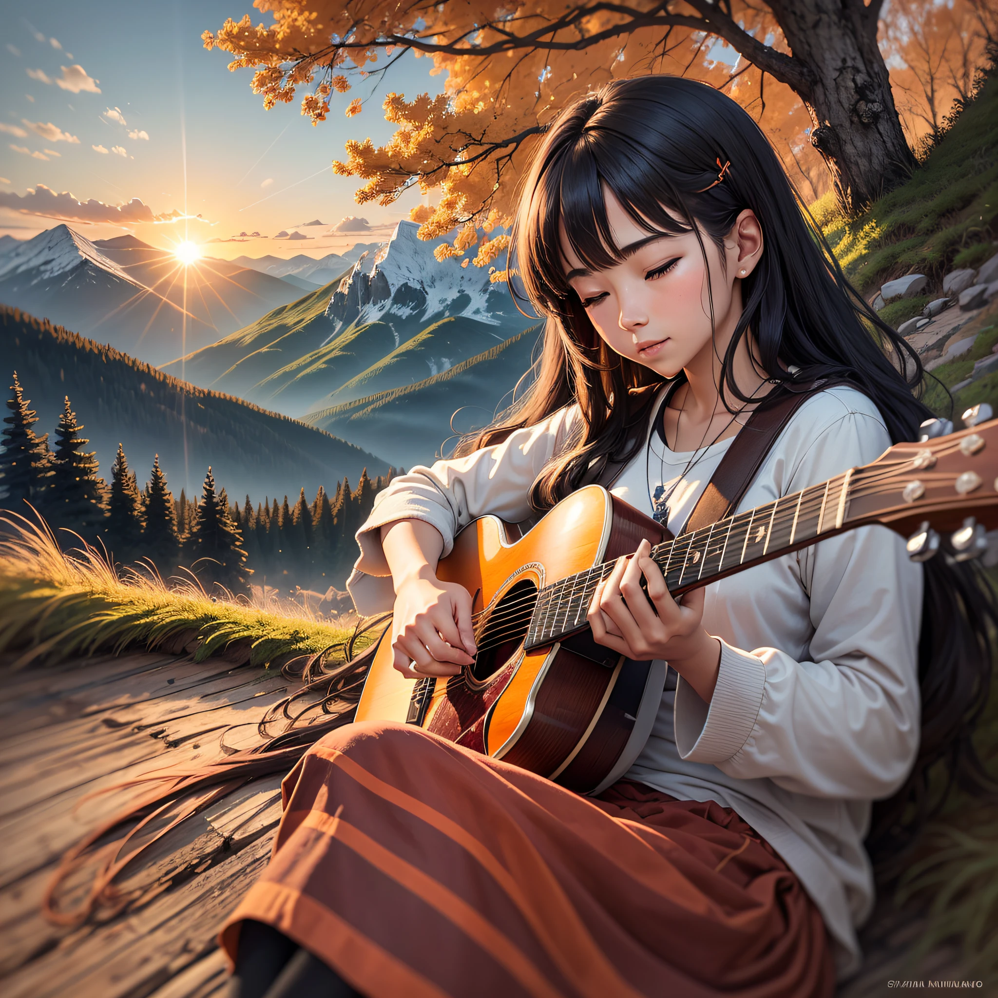 You pick up the guitar and start playing a few notes, hearing the sound resonate in the mountains around you. You feel at peace and in harmony with the nature around you. And as you play, the sun begins to set, bathing the landscape in orange and red hues. It's an unforgettable moment, and you feel grateful to have had the opportunity to witness so much natural beauty. --auto --s2