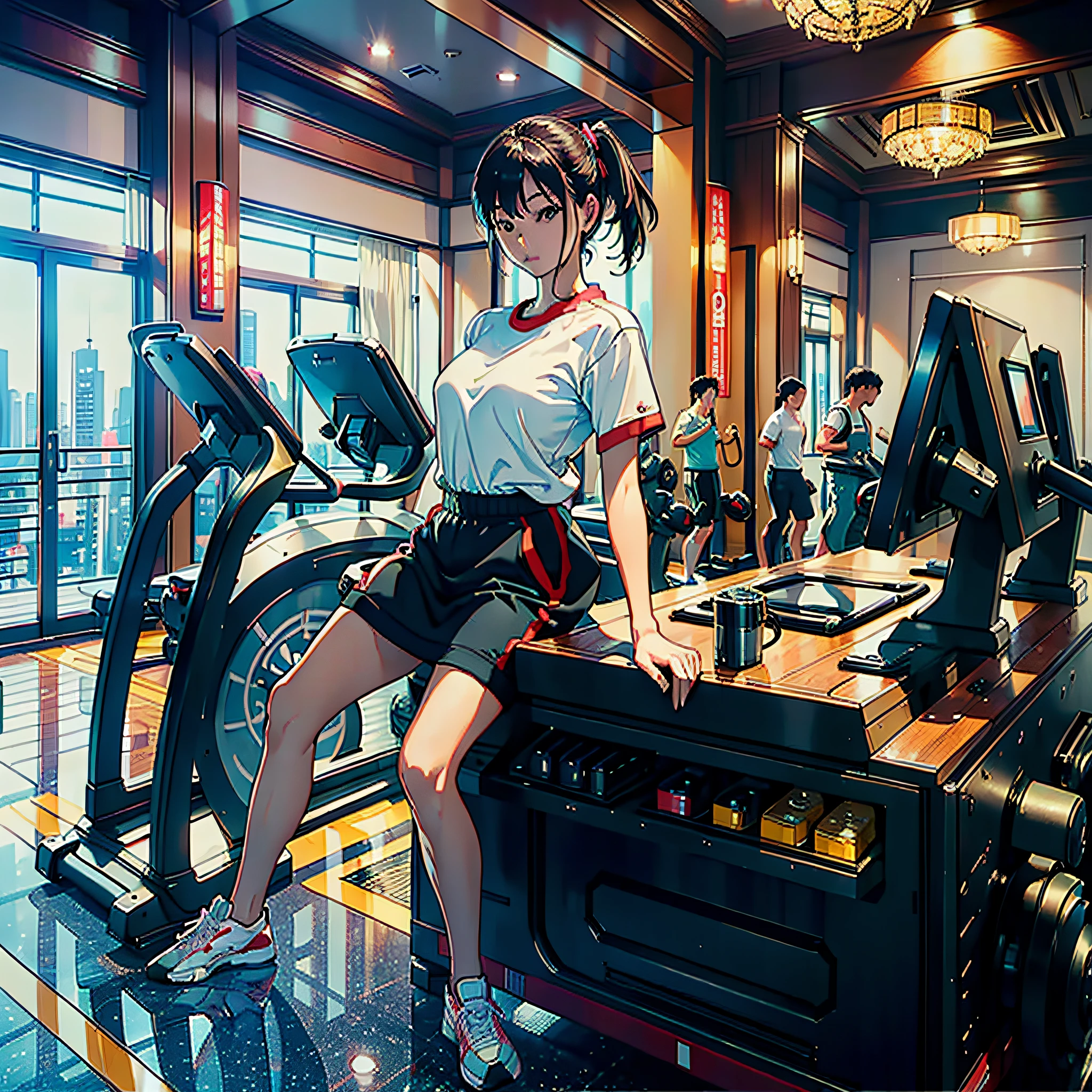 ((Masterpiece)), ((Best Quality)), 8K, HD ((Hotel Gym 1.5))(Japan Bustling City 1.4)(Hotel Front Desk)