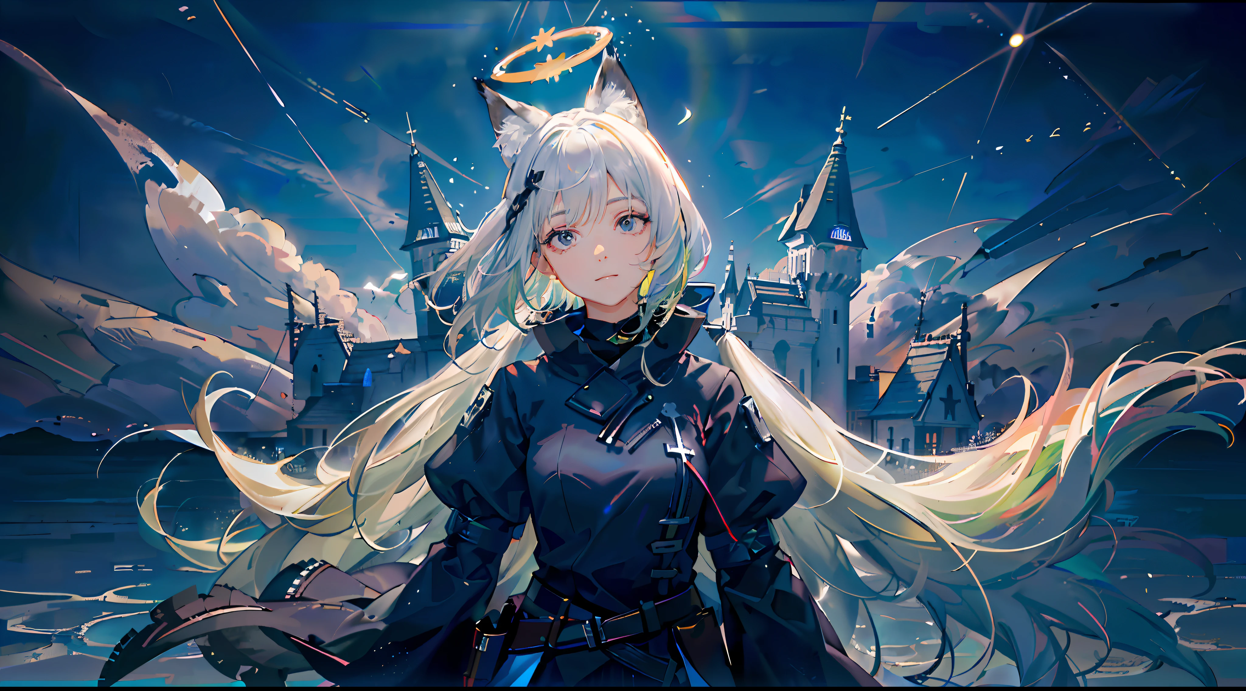 (Highest picture quality),(Master's work),(ultra-detailed),(Detailed eye description:1.0),(lens flare:1.0),(movie poster:1.0),(Tarot border:1.0),the portrait is centered,(close-up:1.0),(nagative space:0.8),(negative space:1.6),(solo),(floating colorful water magic:1.0),(many colorful vines:1.0),(floating pink blades:1.0),(water wings:1.0), (dappled sunlight,light rays,caustics:1.2), (colorful:1.0),(beautiful detailed glow:1.0),(leaning back:1.2),(grim expression:1.0),(small:1.0),(closed mouth:1.0),(eyeshadow),,(lime hair:1.4),(long hair:1.0),(facing viewer:1.3),(halo:1.3),(head tilt:1.0),(dynamic pose:1.1),(asymmetrical hair:1.2),(blue armor:1.0),(military),(layered skirt),(black eyes:1.4),blunt bangs,high twintails,,long coat,(floating cape:1.0),(fox ears, fox girl:1.1),(castle:1.4),(outdoors,outside:1.1),hair bow,,(flying:1.1),(dark skin:1.1),(upper body:1.25),, symbol-shaped pupils, heart-shaped pupils