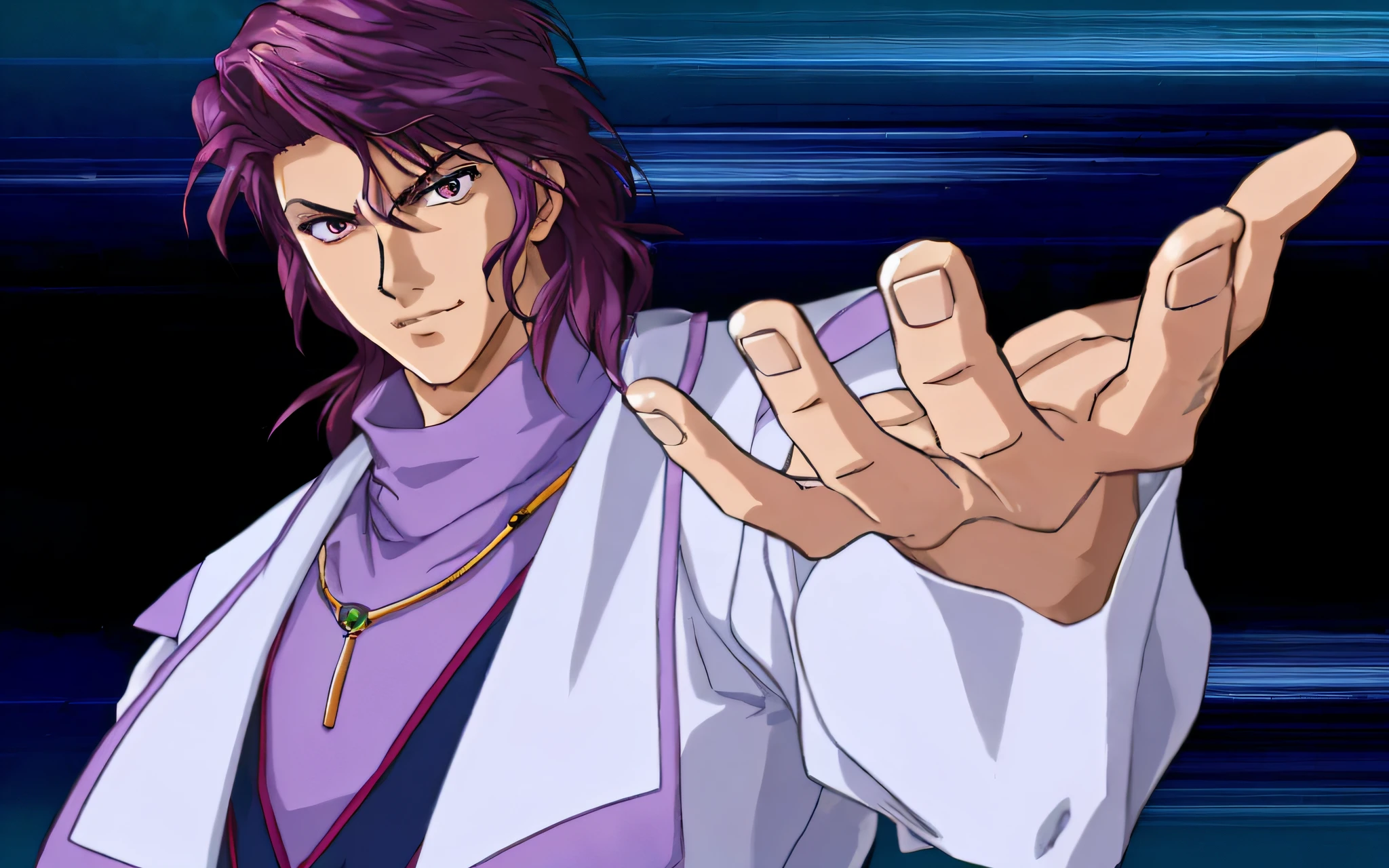 Close-up of a man with purple hair and a white jacket, shoulder-length hair, young man, anime character, handsome, sharp eyes, purple eyes, ambition, arrogant smile, looking up, fierce battle in the sky, keeping the picture proportions, 4k, the highest detail