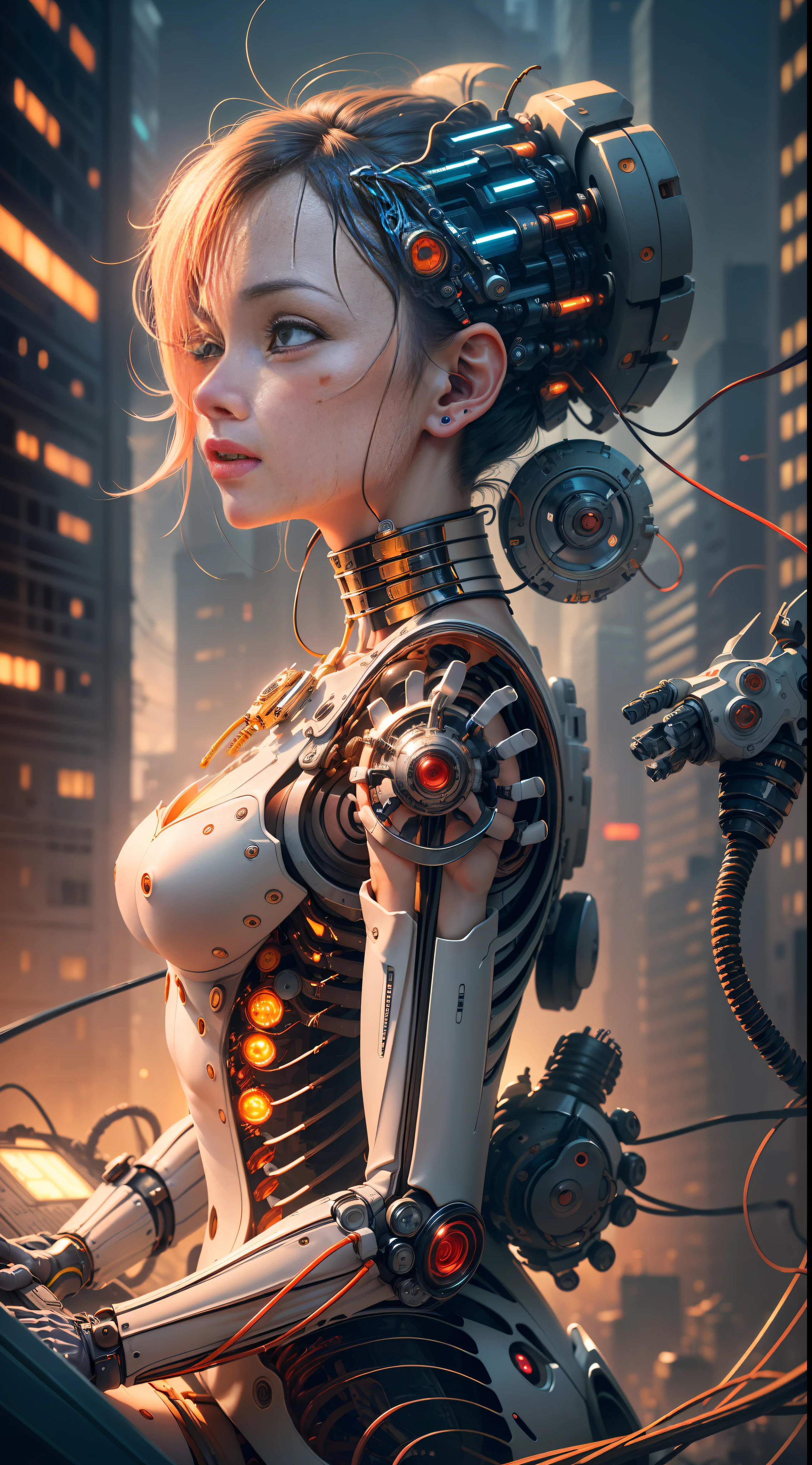 (((masterpiece))), (((best quality))), ((ultra-detailed)), (highly detailed CG illustration), ((an extremely delicate and beautiful)),(from side),cinematic light,((1mechanical girl)),solo,half body,(machine made joints:1.2),((machanical limbs)),(blood vessels connected to tubes),(mechanical vertebra attaching to back),((mechanical cervial attaching to neck)),(sitting),expressionless,(wires and cables attaching to neck:1.2),(wires and cables on head:1.2)(character focus),science fiction,city background, extreme detailed,colorful,highest detailed,(face shadow (extra detailed,best performance)), laser eyes (detailed red))fire in holes of hands)