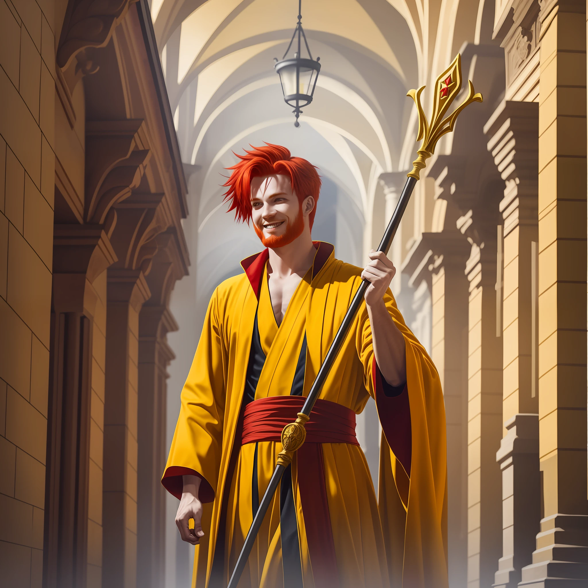 A guy with red hair in a yellow robe with a staff in his hands stands among joyful comrades