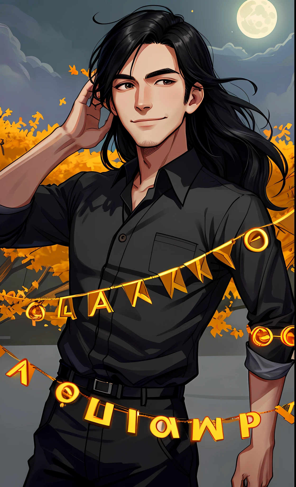 Masterpiece, Best Quality, Realistic, 1 man, male focus, tall, cute, smile, closed mouth, shirt and black pants, portrait, extremely detailed face, autumn Halloween season, Korean face, idol face, long black hair, cinematic lightning, background with dramatic light, October, moon, night time