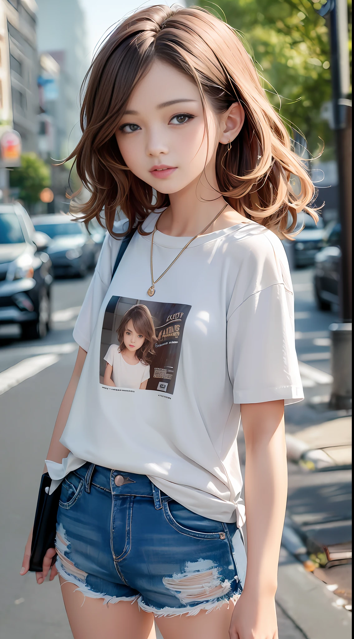 ((medium chest, tomboy, small head)), daylight, sunlight, (perfect body: 1.1), (short wavy hair: 1.2), russet hair, collar, chain, full body photo, crowded streets, wearing light yellow t-shirt, denim shorts, (extremely detailed CG 8k wallpaper), (extremely delicate and beautiful), (masterpiece), (best quality: 1.0), (super high resolution: 1.0), beautiful lighting, perfect lightning, realistic shadows, [high resolution], detailed skin, super detailed