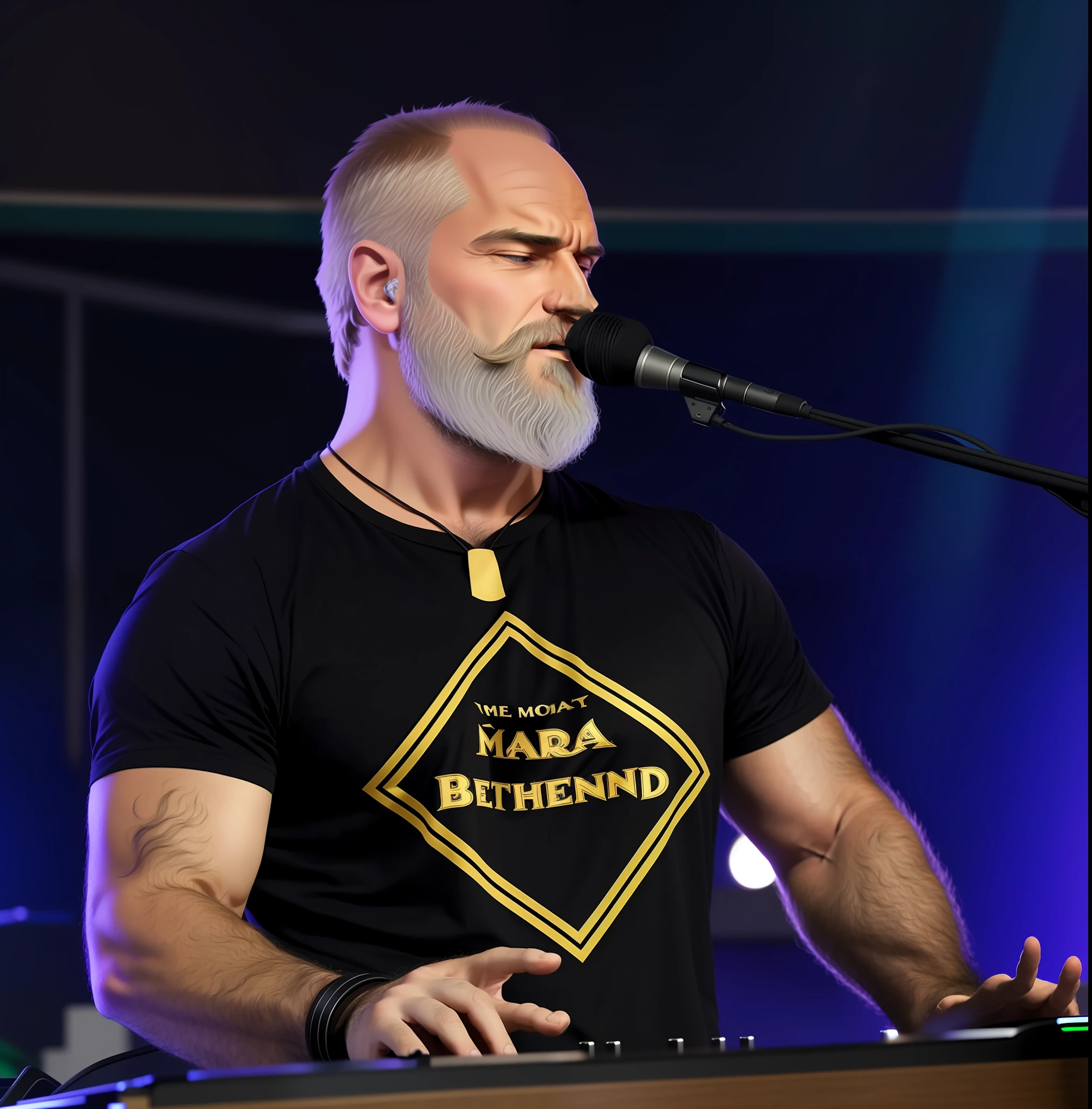 Man with beard and black shirt playing keyboard, very strong