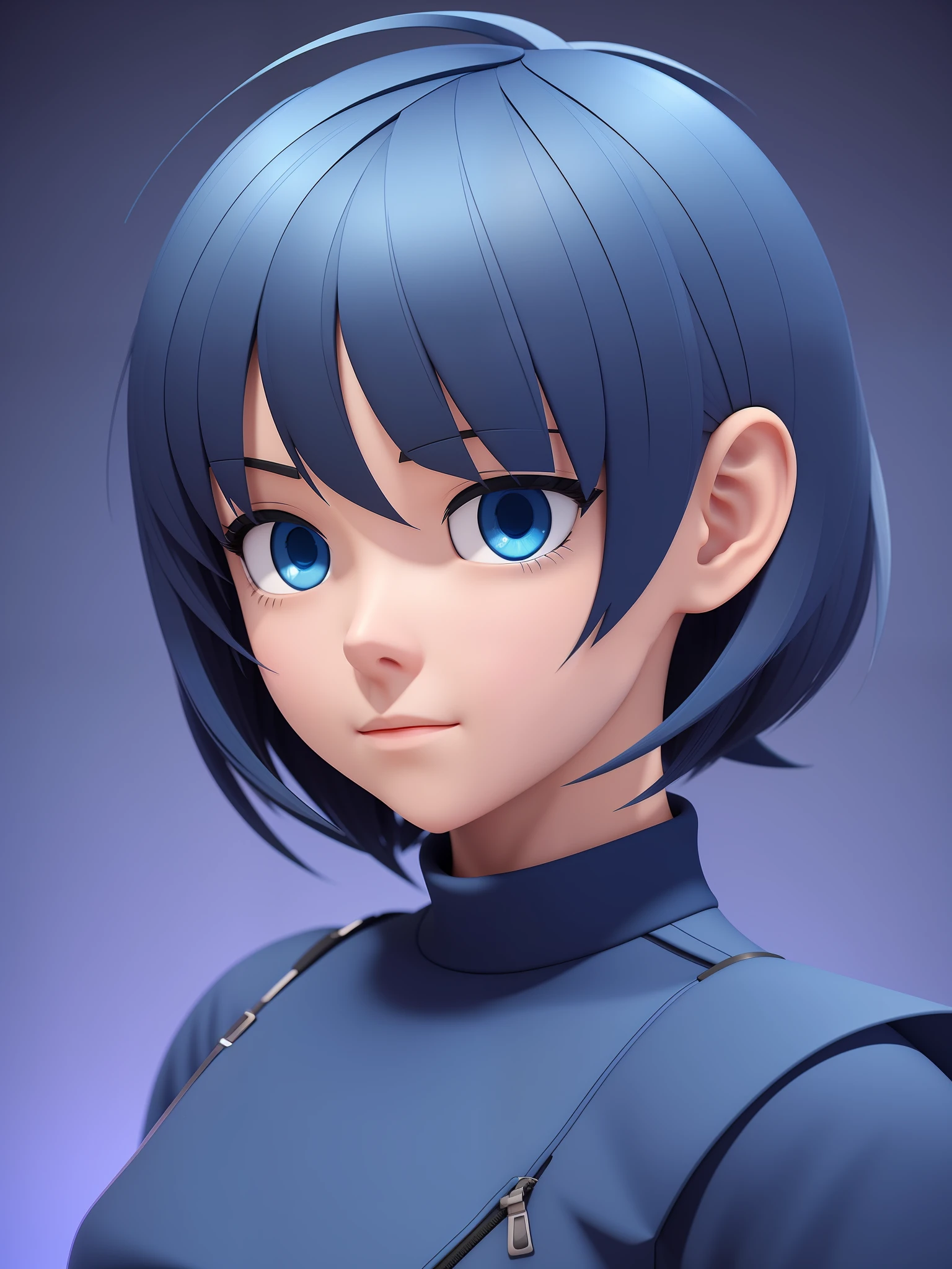 Young girl, a cartoon character light dark blue clothing, (short hair and dark blue), stylized character, animation character, stylized 3d render, 3d character, highly detailed character, stylized anime, stylized 3d, render character, character model, close up, maximum quality