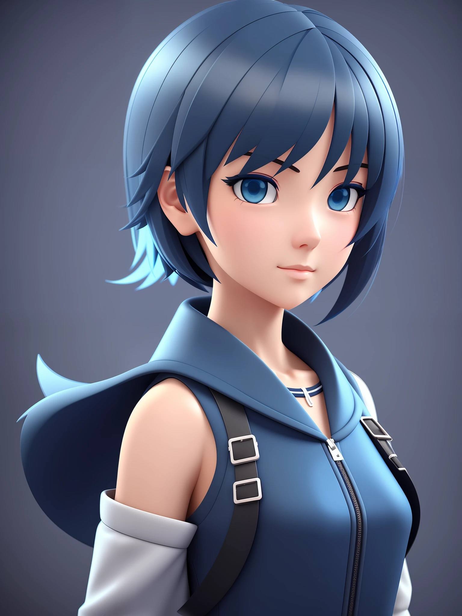 Young girl, a cartoon character light dark blue clothing, (short hair and dark blue), stylized character, animation character, stylized 3d render, 3d character, highly detailed character, stylized anime, stylized 3d, render character, character model, close up, maximum quality