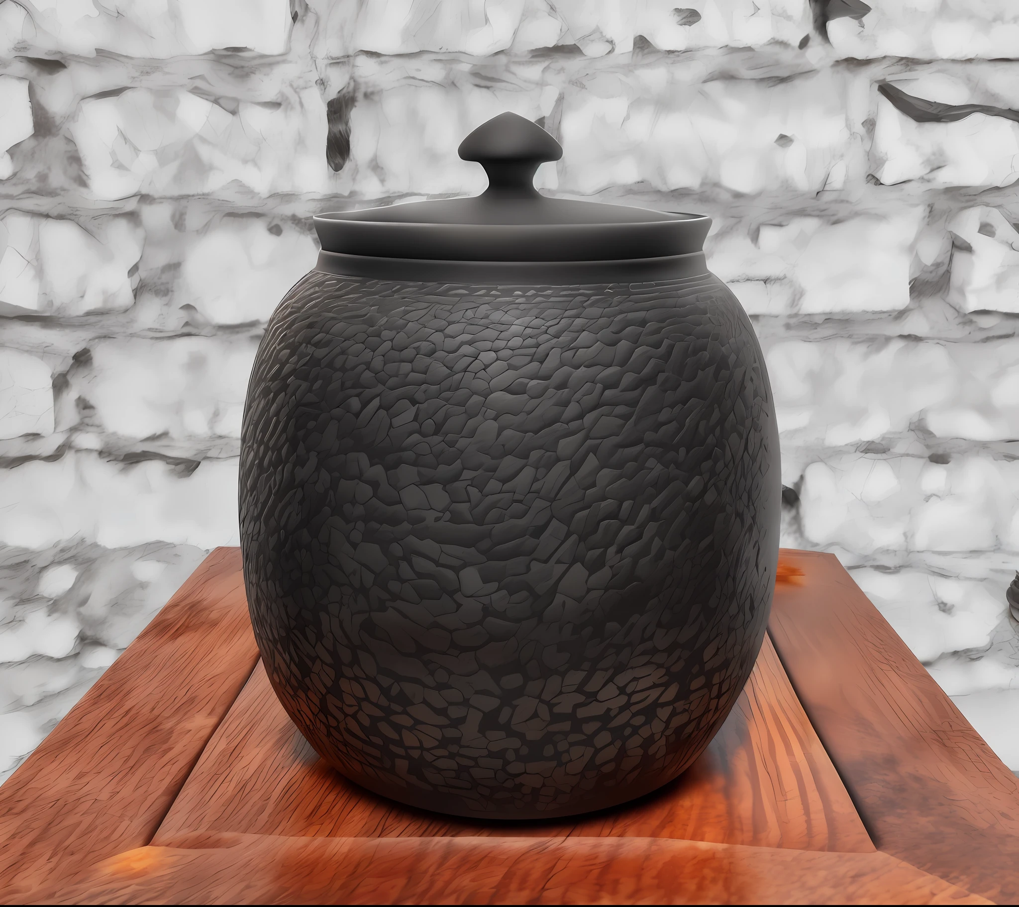 There is a black jar with complex realistic rock textures on the jar, tea pot: 1, render in corona, teapot, high poly Vray rendering, Japanese pottery, ultra-realistic detail rendering, vray rendering, render in Arnold, elegant rendering, high quality rendering, tea pot, Alexander Kucharsky rendering