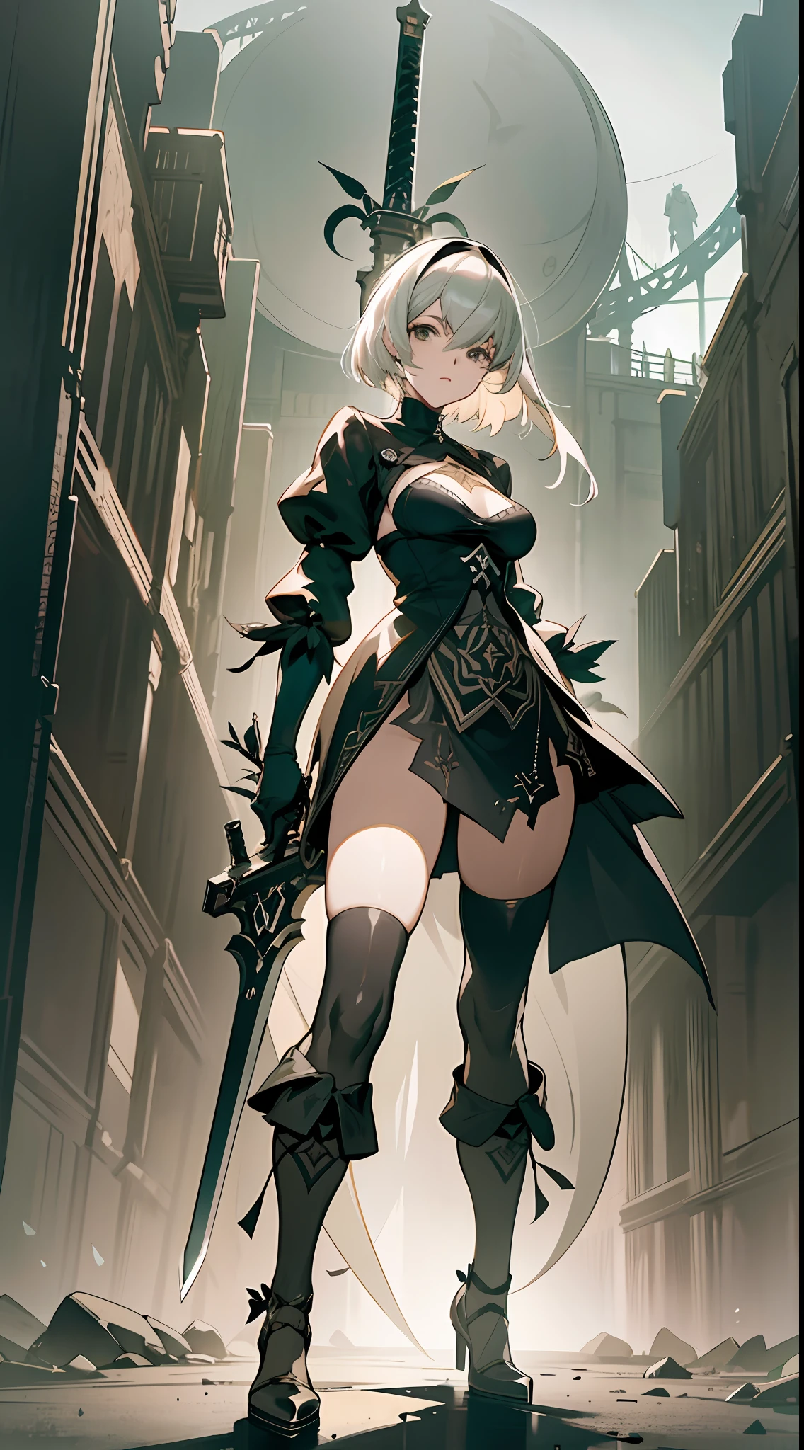 a woman standing on top of a mountain holding a sword, nier, nier automata concept artsyle, nier automata concept art, nier automata, nier autoamata, lineage 2 revolution style, nier:automata, long sword in her hand, range murata yoshitaka amano, official character illustration, beautiful full body concept art