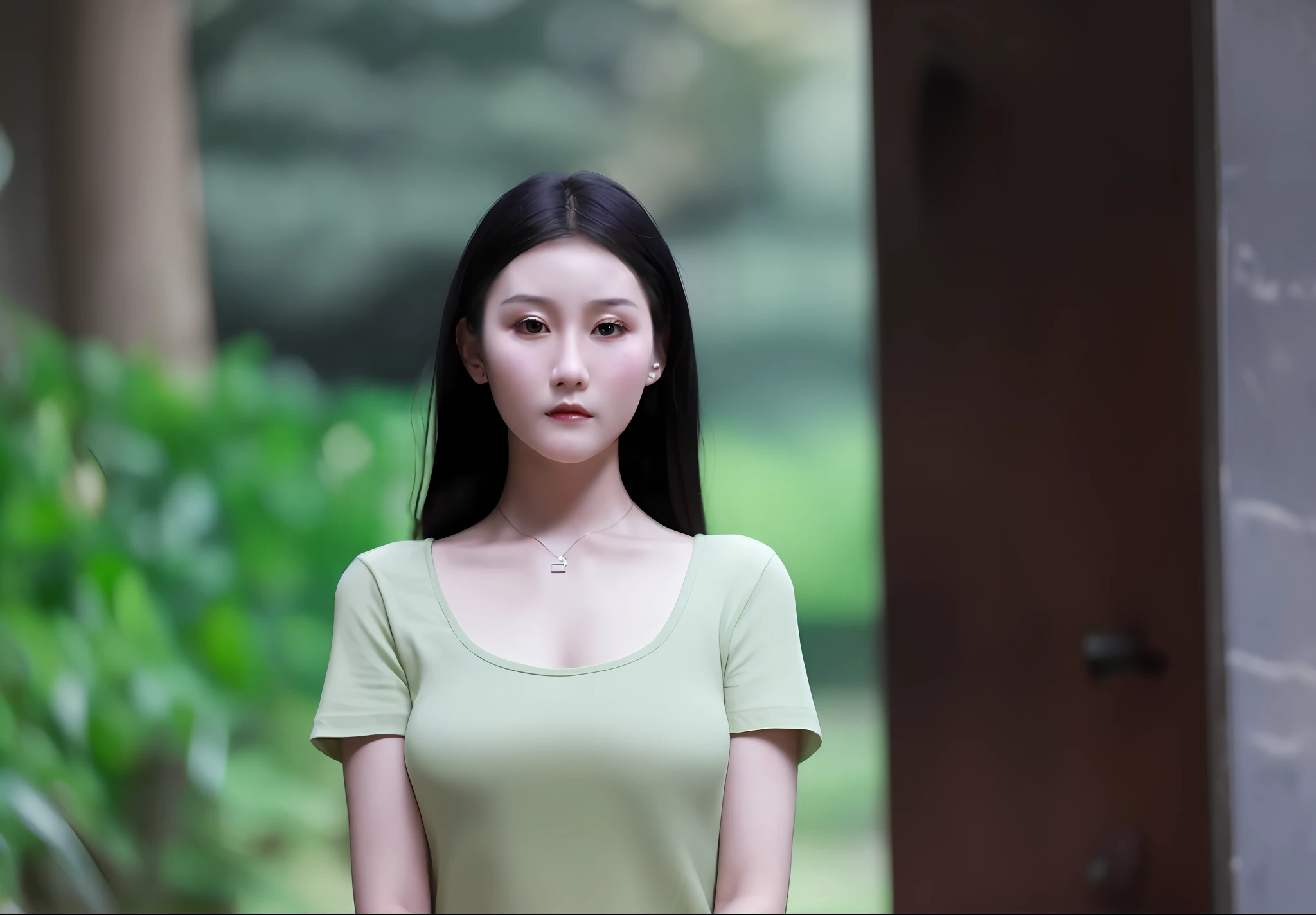 there is a woman standing in a doorway with a green shirt, a young asian woman, chinese girl, a beautiful young woman, photo of slim girl model, gorgeous chinese model, an asian woman, a cute young woman, chinese woman, young asian girl, young woman, beautiful girl model, 7 0 mm portrait, soft portrait shot 8 k, xue han