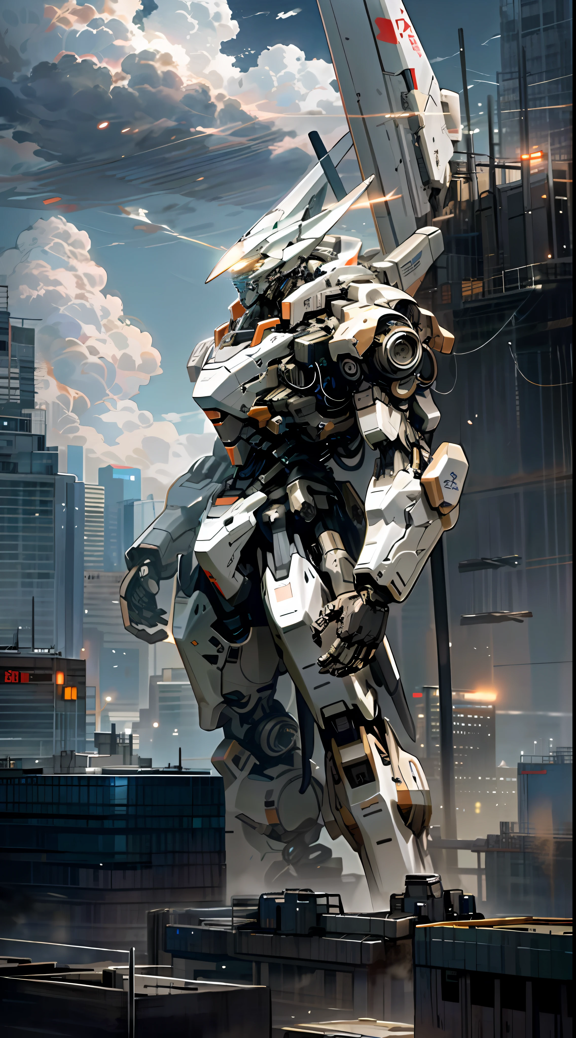 sky, cloud, holding_weapon, no_humans, glowing, , robot, building, glowing_eyes, mecha, science_fiction, city, realistic,mecha