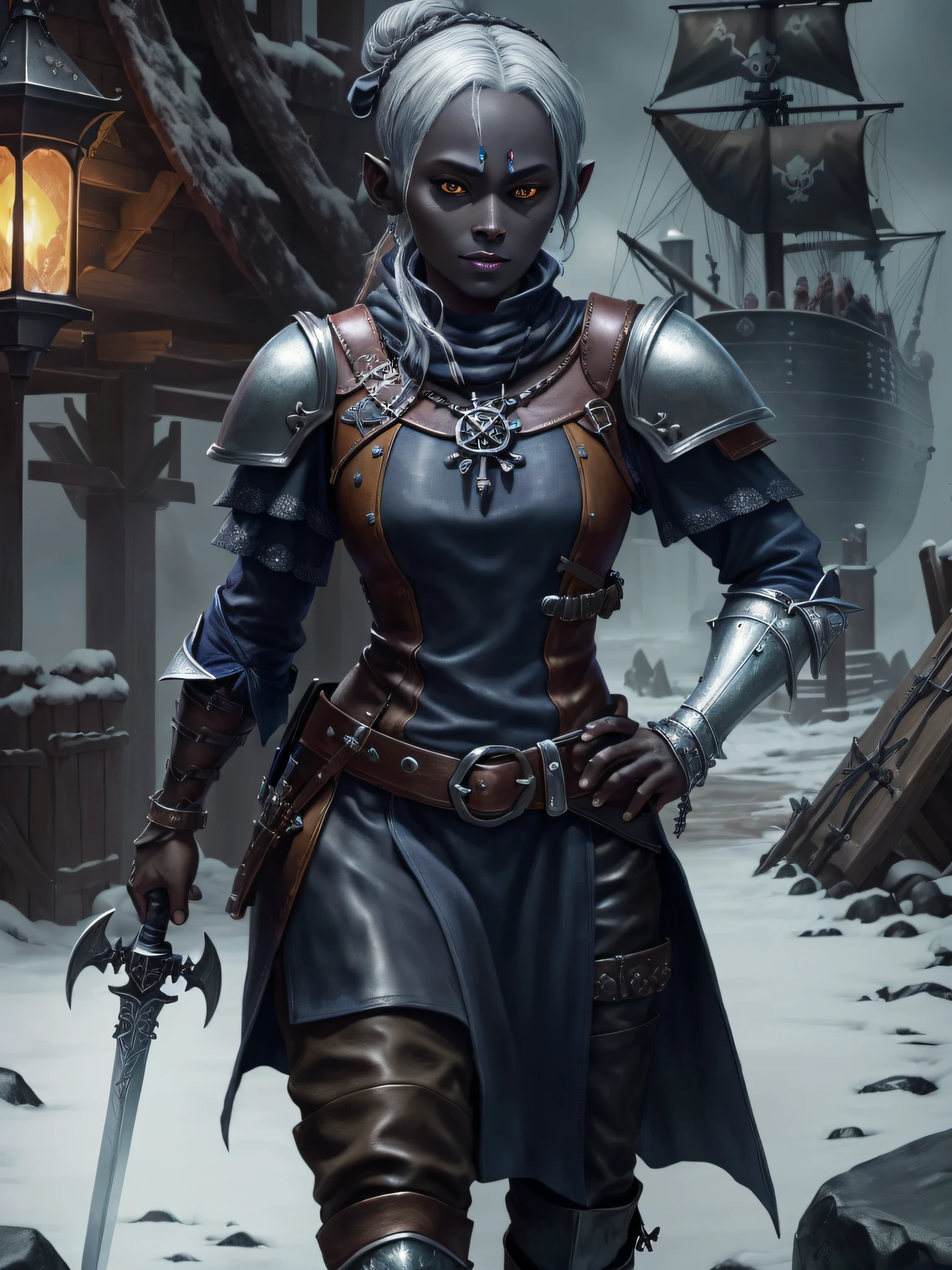(highly detailed RAW color photo, masterpiece, ultra detailed), (medieval pirate theme:1.3), (full body:0.6), solo, 1 drow female (drow:1.4) (dark drow skin:1.1), handmade, swordsman, tall and slender, silver hair tied in a bun, vibrant yellow eyes, (detailed eyes and detailed face), looking at the viewer, wearing (leather armor:1.5) and navy blue clothes, winter night in the background, standing (aboard a ship:1.1), leather and skin winter cold weather, beautiful night of overcast sky (fog: 1.2) (rain: 1.1) (winter: 1.1) (masterpiece: 1.2) (illustration: 1.1) (best quality: 1.2) (detailed) (intricate) (8k) (HDR) (wallpaper) (cinematic lighting) (sharp focus) (photography, soft lighting of dark sky, soft details, octane, artstation trend, ultra high detail, ultra realistic, cinematic, 16k, digital art, art inspired by Dungeon and Dragons)